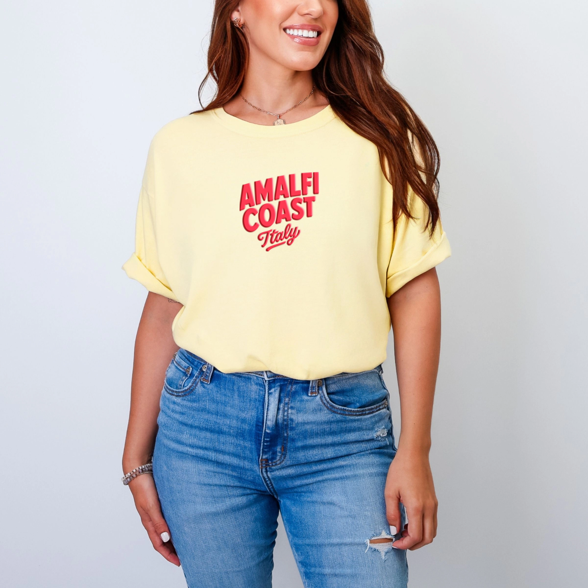 Simply Sage Market - Women's Garment Dyed Graphic T-Shirt Amalfi Coast Vibrant Puff Print