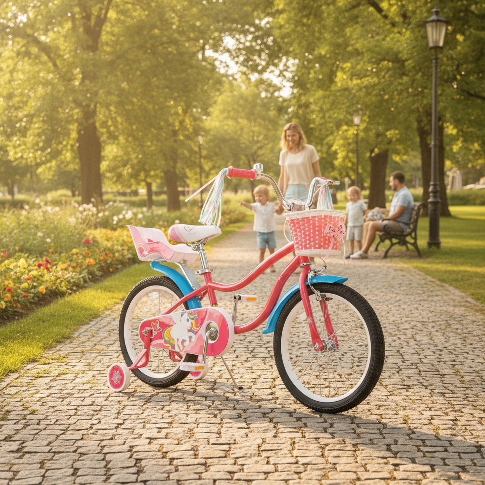 18-in Girls Bike with Doll Seat Front Basket and Removable Training Wheels for Ages 4-8 Quick-Release Adjustable