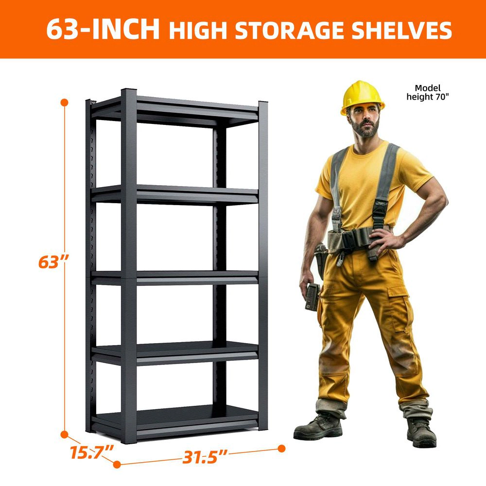 Flynama 5-Tiers Steel Adjustable Boltless Garage Storage Shelving Unit in Black (31.5 in. W x 63 in. H x 15.7 in. D)