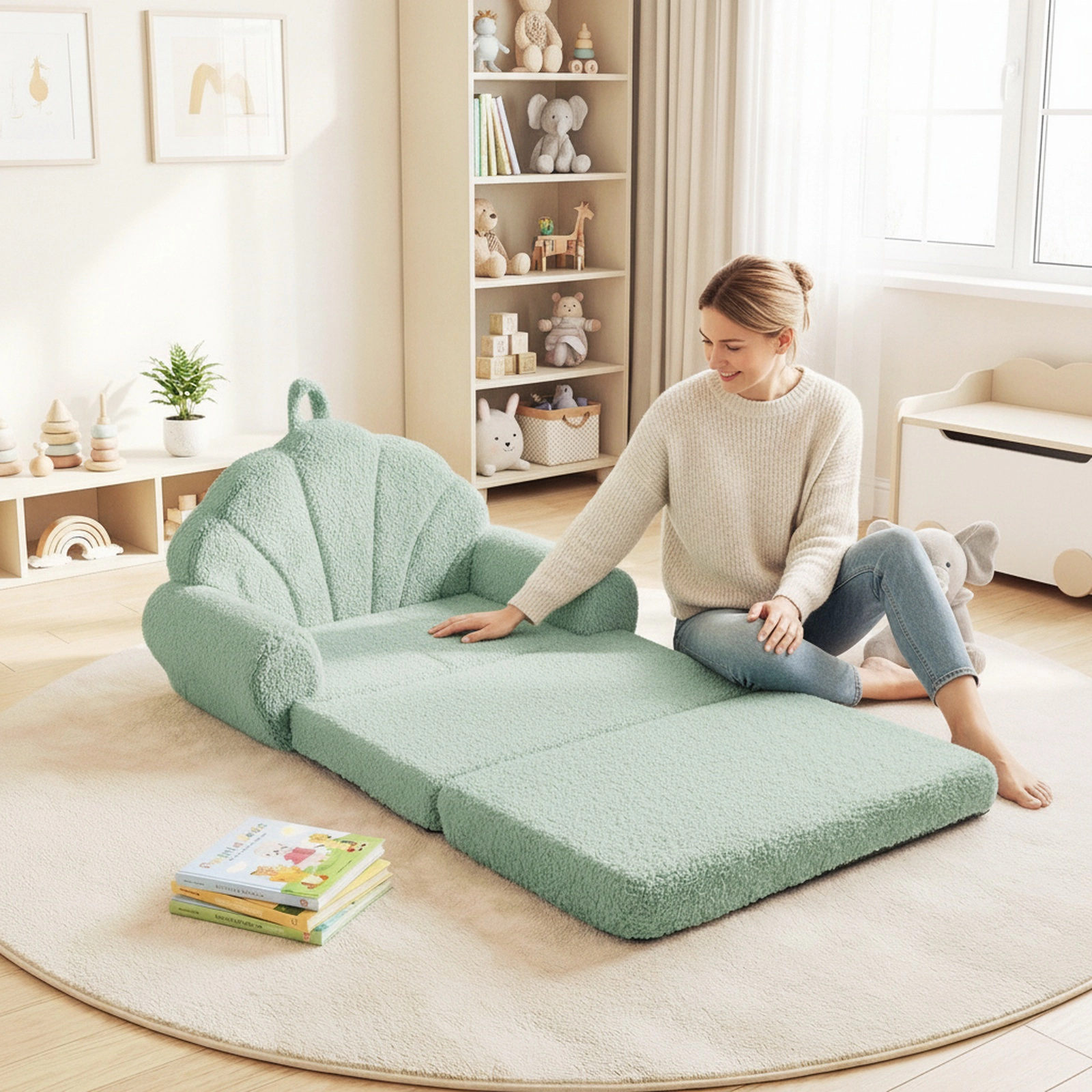 Convertible Kids Sofa 2-in-1 Fold Out Toddler Couch with Carry Handle Teddy Fleece Cover Anti-Slip Base Green