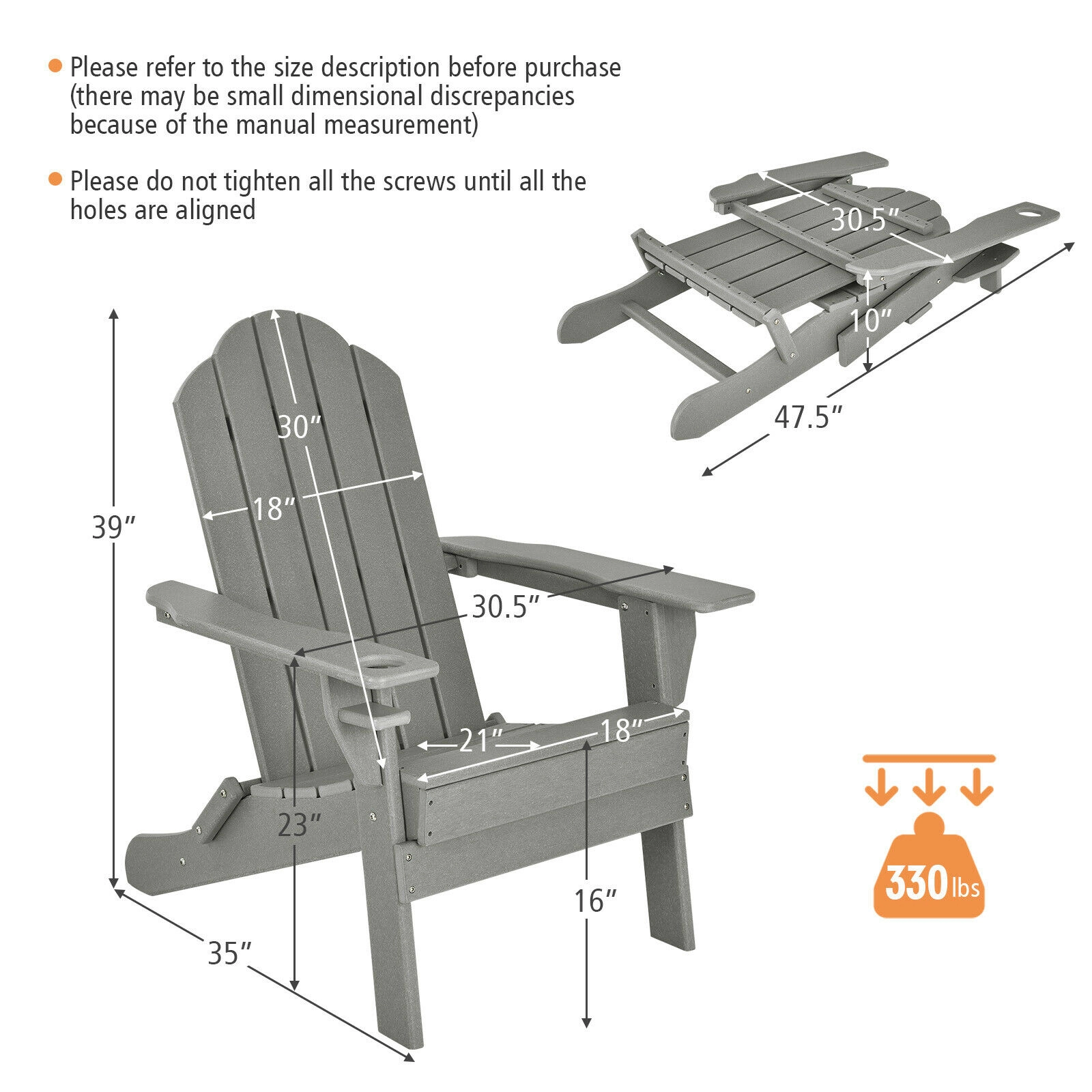 SUGIFT Foldable Weather Resistant Adirondack Patio Chair Built-in Cup Holder 330-Lb Capacity Gray Black Turquoise White