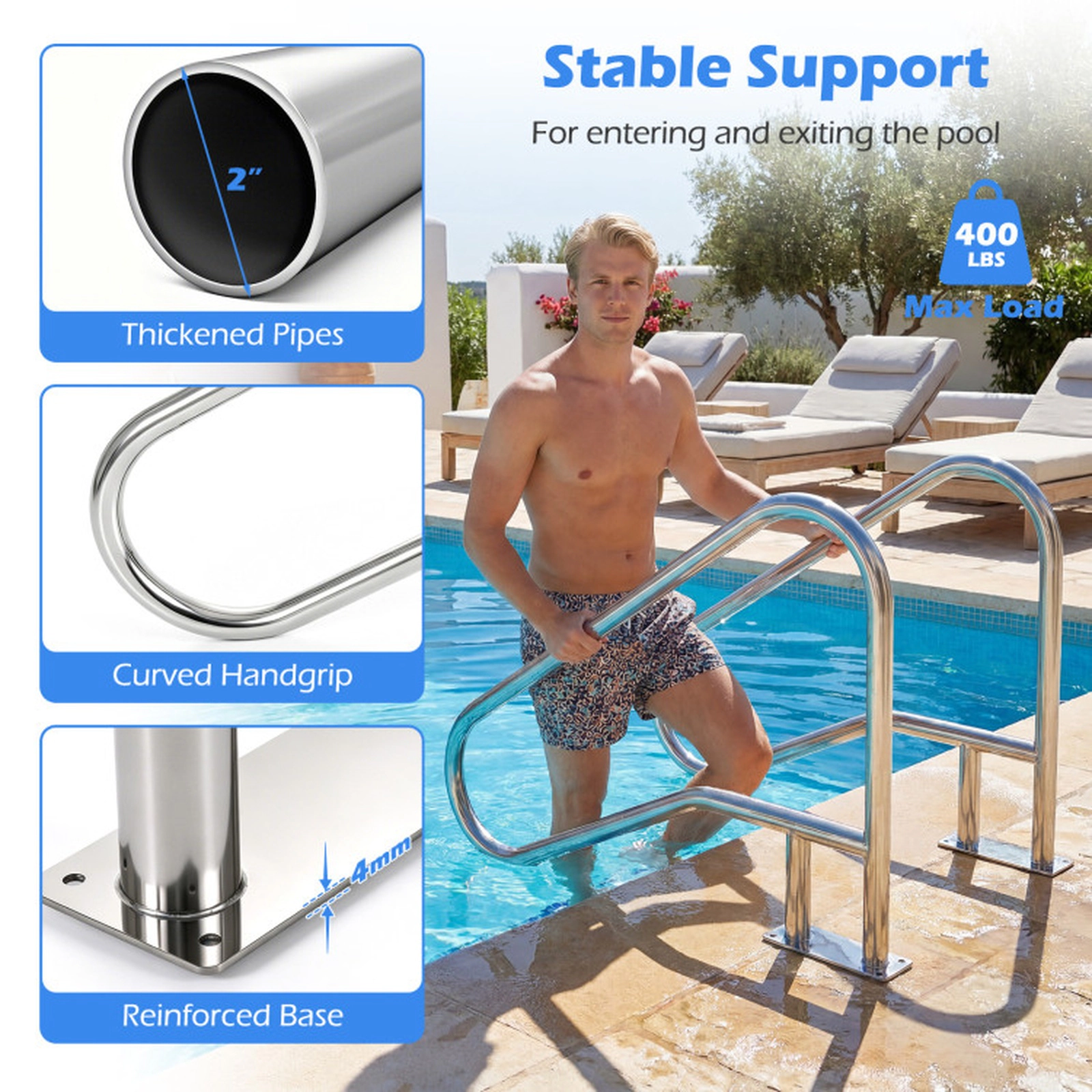 SUGIFT Curved Pool Handrail with Mount Base Plate for Swimming Pools and Hot Tubs Silver