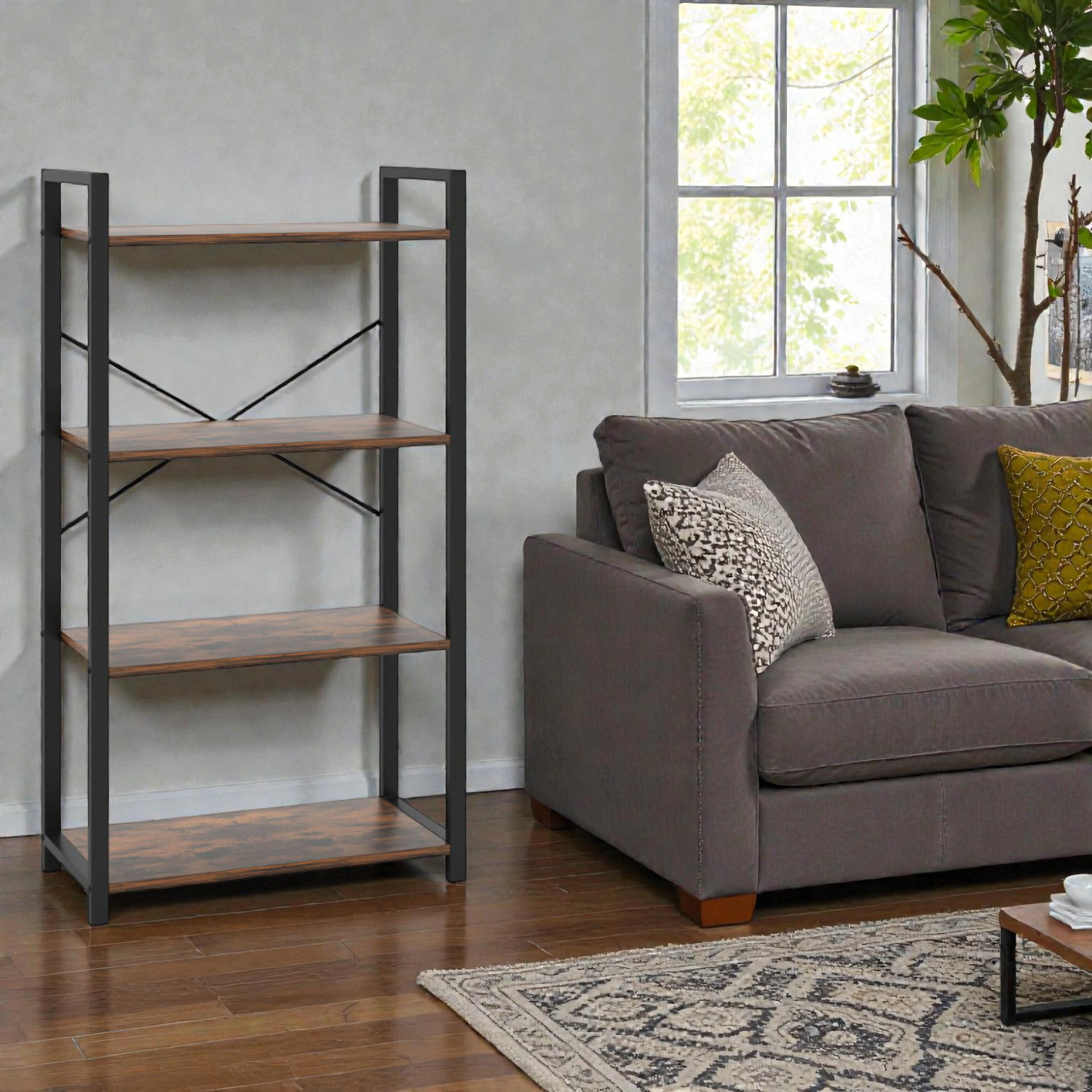 Hivvago Industrial-Style 4-Tier Bookshelf with Sturdy Metal Construction