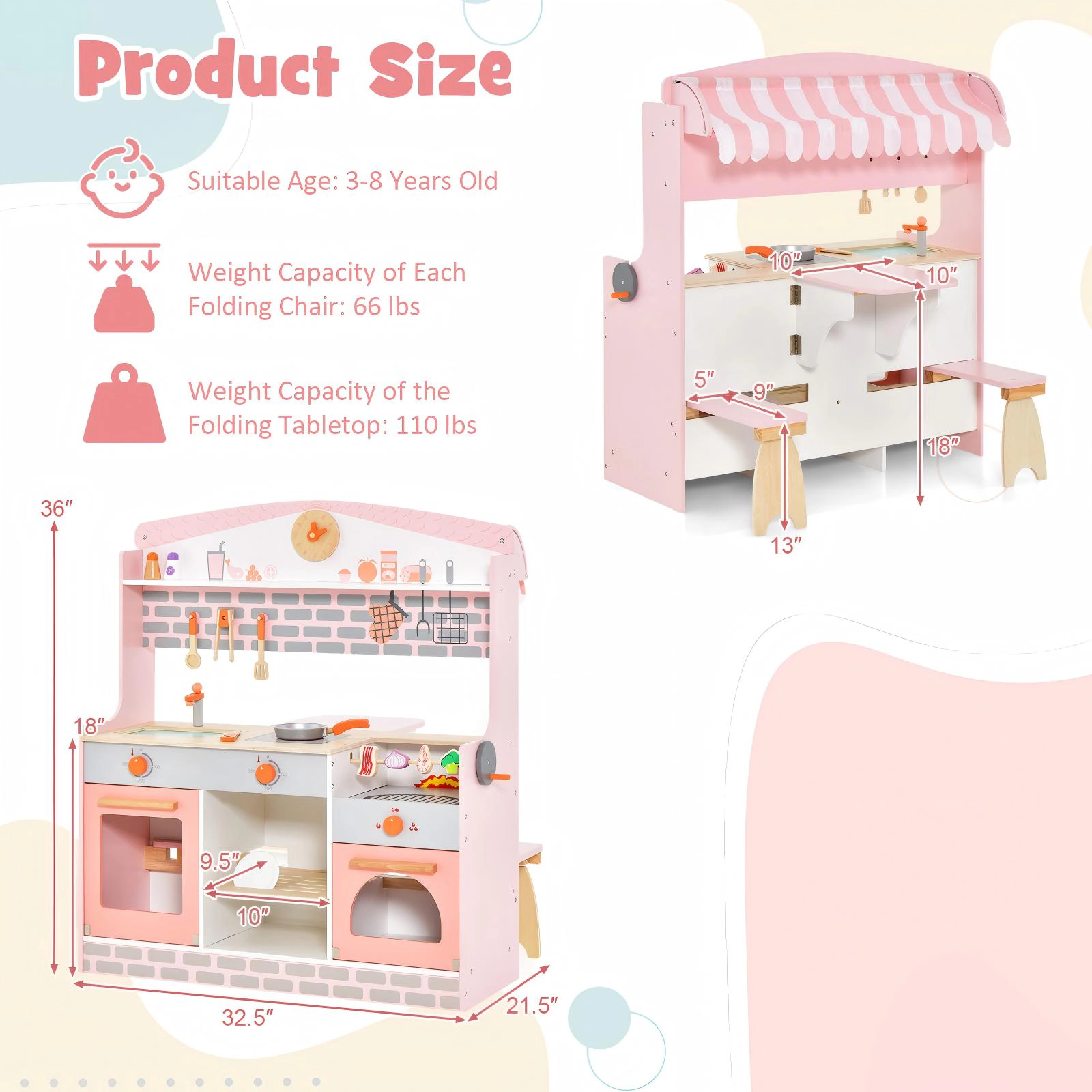 SUGIFT Double-Sided Kids Play Kitchen and Diner Set with Canopy, 2 Seats and 14 Accessories 31-in Tall Pink