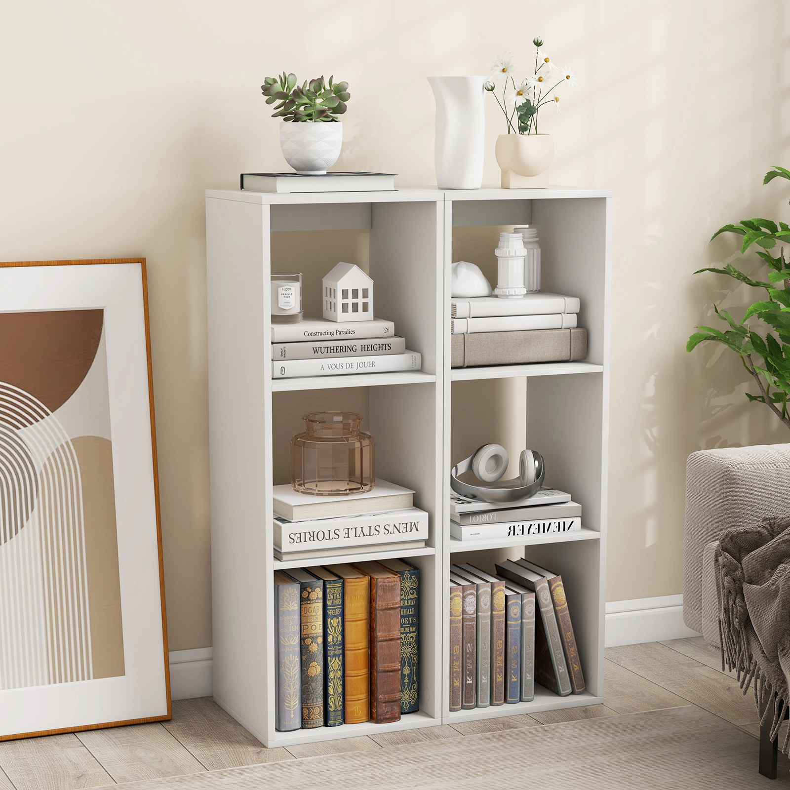 SUGIFT 3-Cube Engineered Wood Bookshelf with Back Guardrail 145-lb Capacity 41-in Tall White