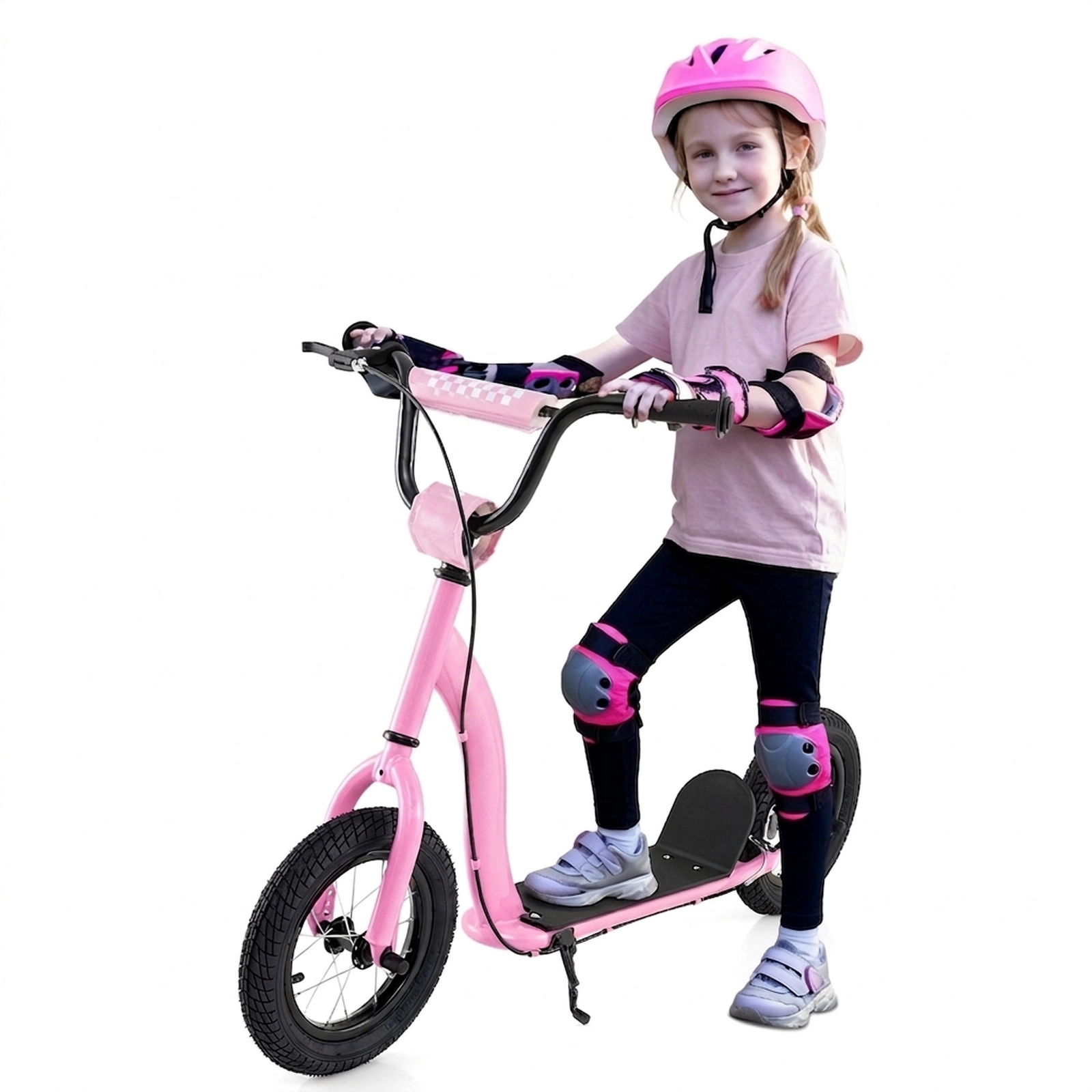SUGIFT Pink Kick Scooter, 12-Inch Inflatable Rubber Wheels, Adjustable Handlebar, 165 lb Capacity