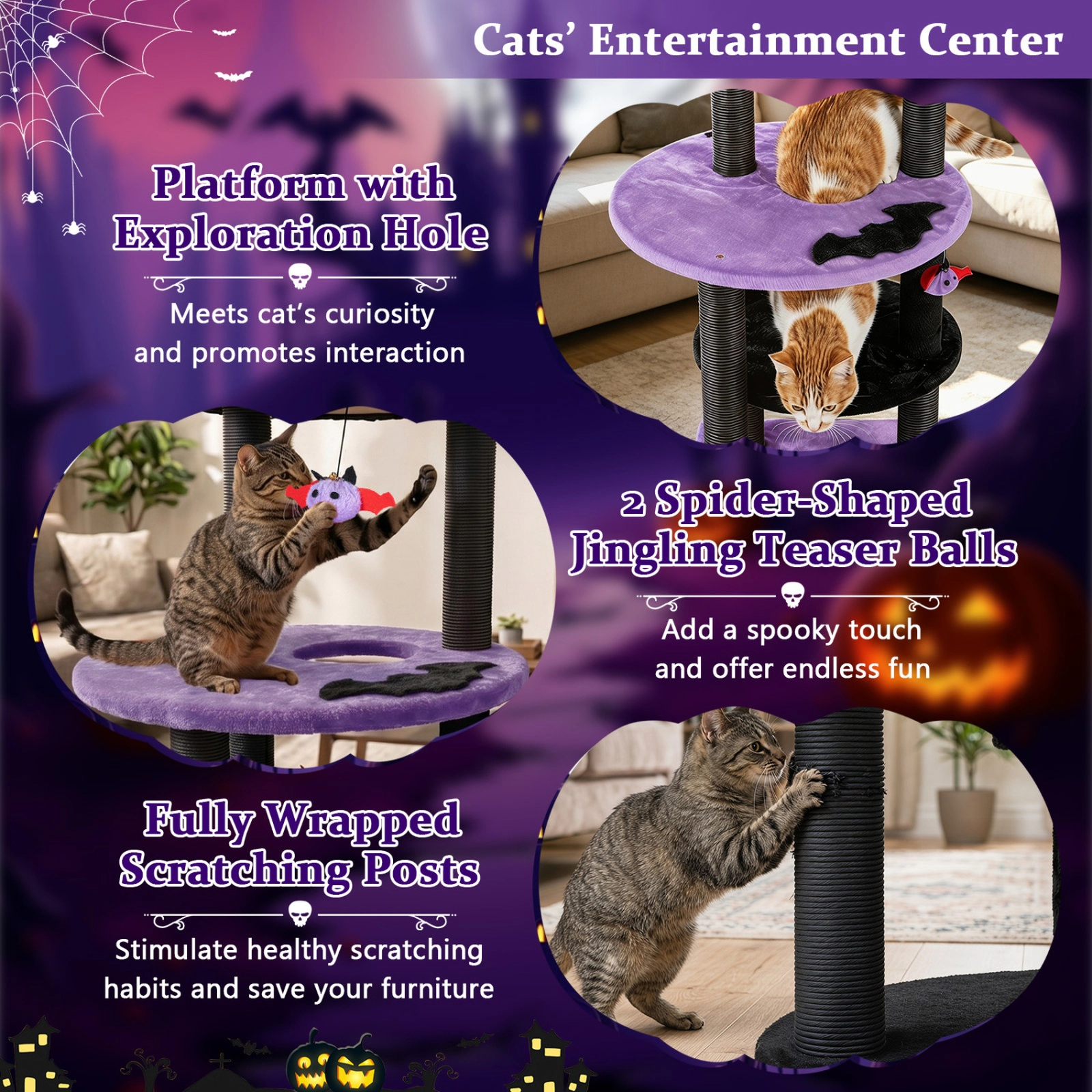 SUGIFT 60 in Gothic Cat Tower Purple with Coffin Bed Plush Perch and Spider Hanging Toys