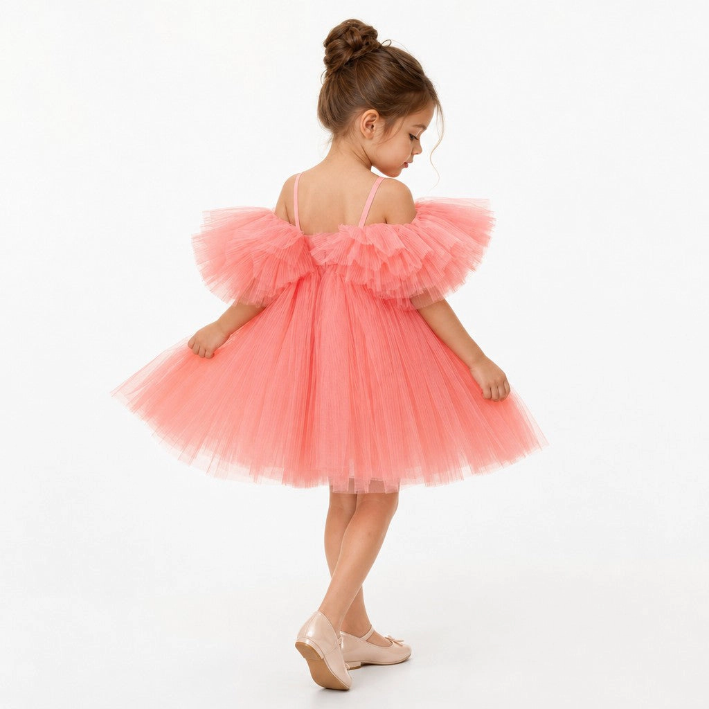 Faeella Girls Blush Feather Fairy Tulle Flower Girl Dress