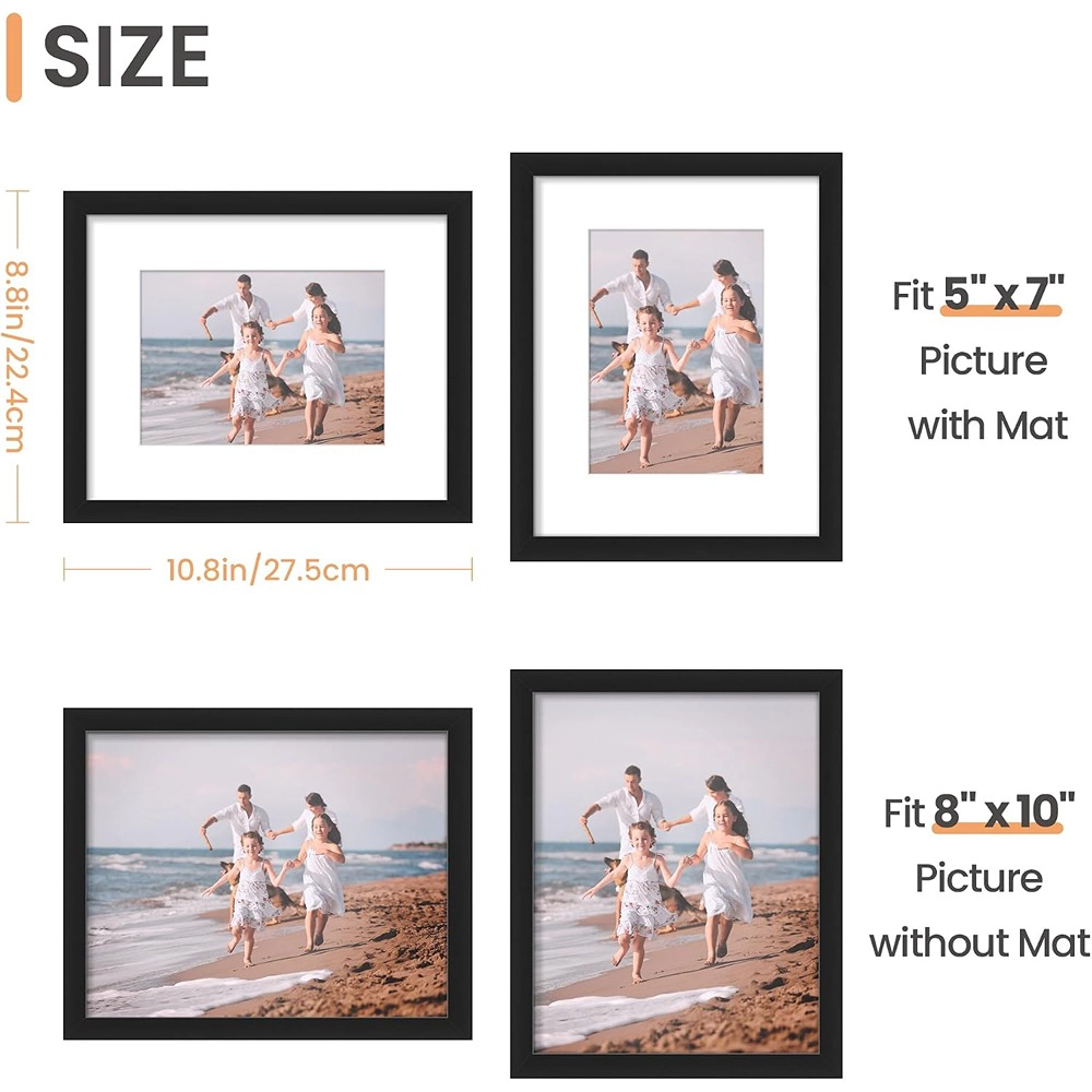 ACPJR 11x14 Picture Frames Set of 4, Black Wood Frames with Glass, 8x10 with Mat or 11x14 Without Mat, Wall Mount Galler
