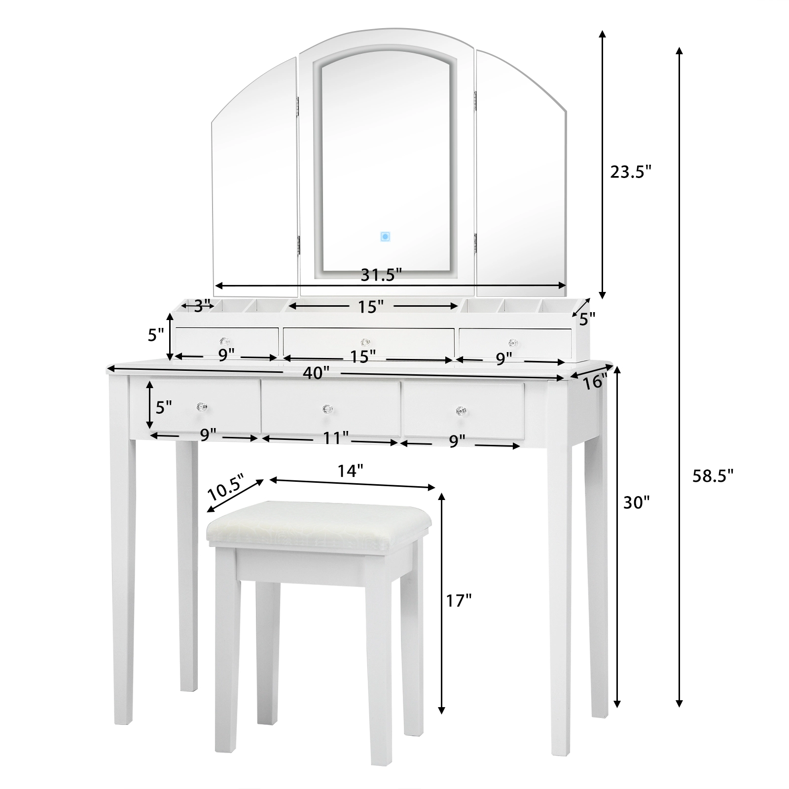 SUGIFT White Large Tri-Folding Lighted Mirror and 6 Drawers Vanity Table and Stool Set