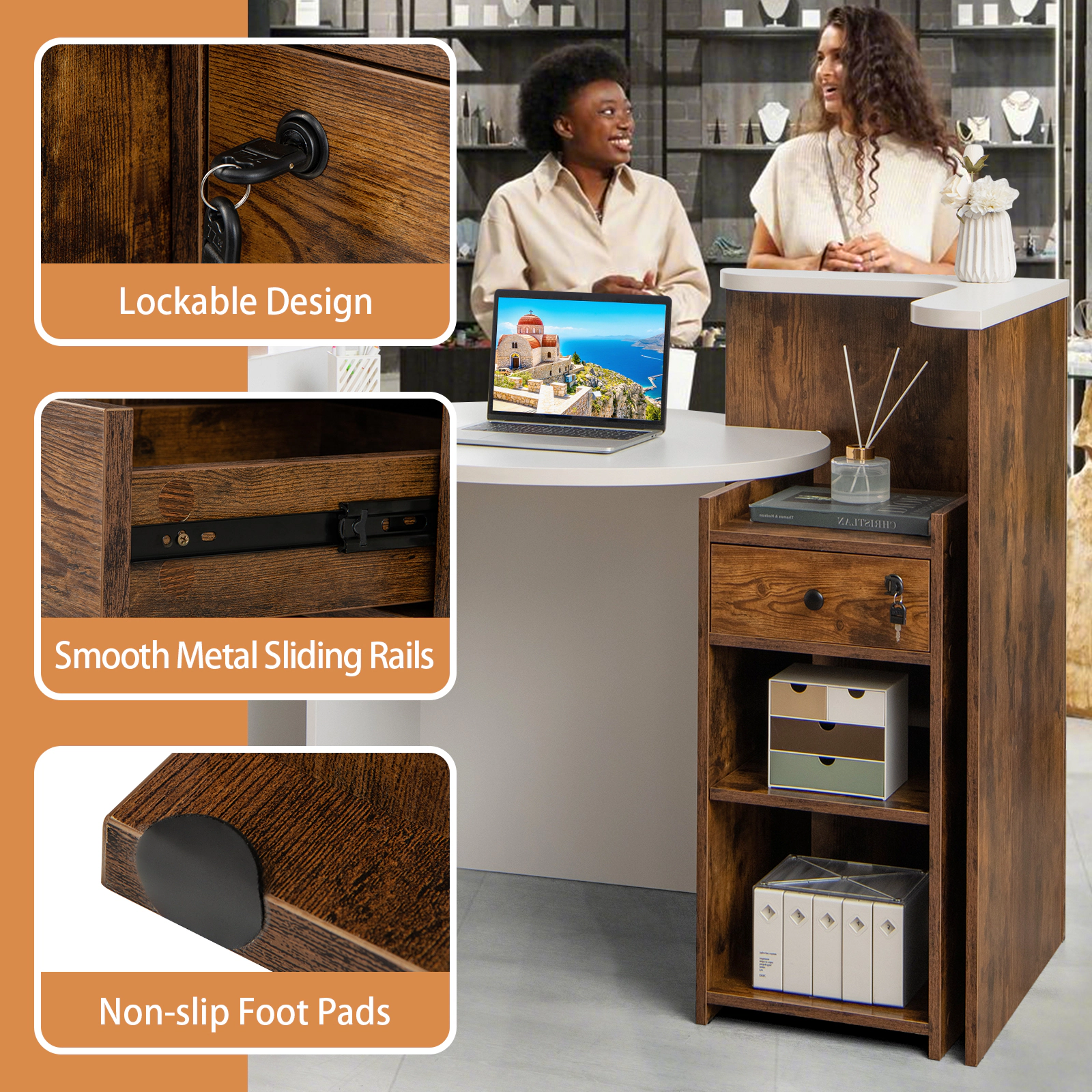 SUGIFT 110-lb Capacity 48-in Front Desk with Oval Counter Top Lockable Drawer and L-Shaped Corner Shelf