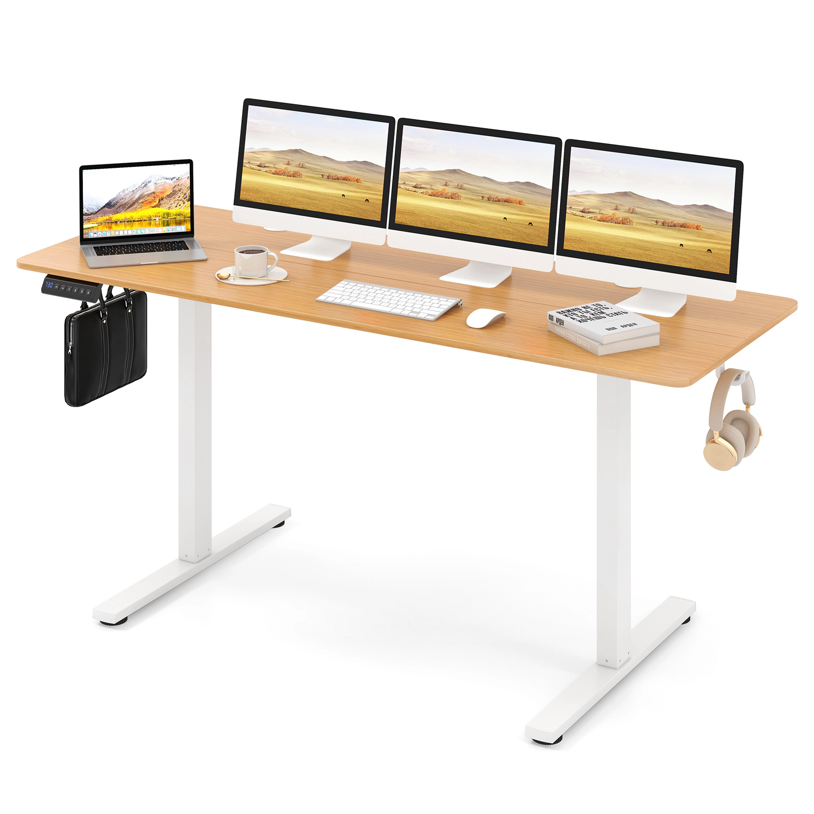 LJG Electric Standing Desk with 3 Memory Heights and 2 Hanging Hooks and Cable Holes