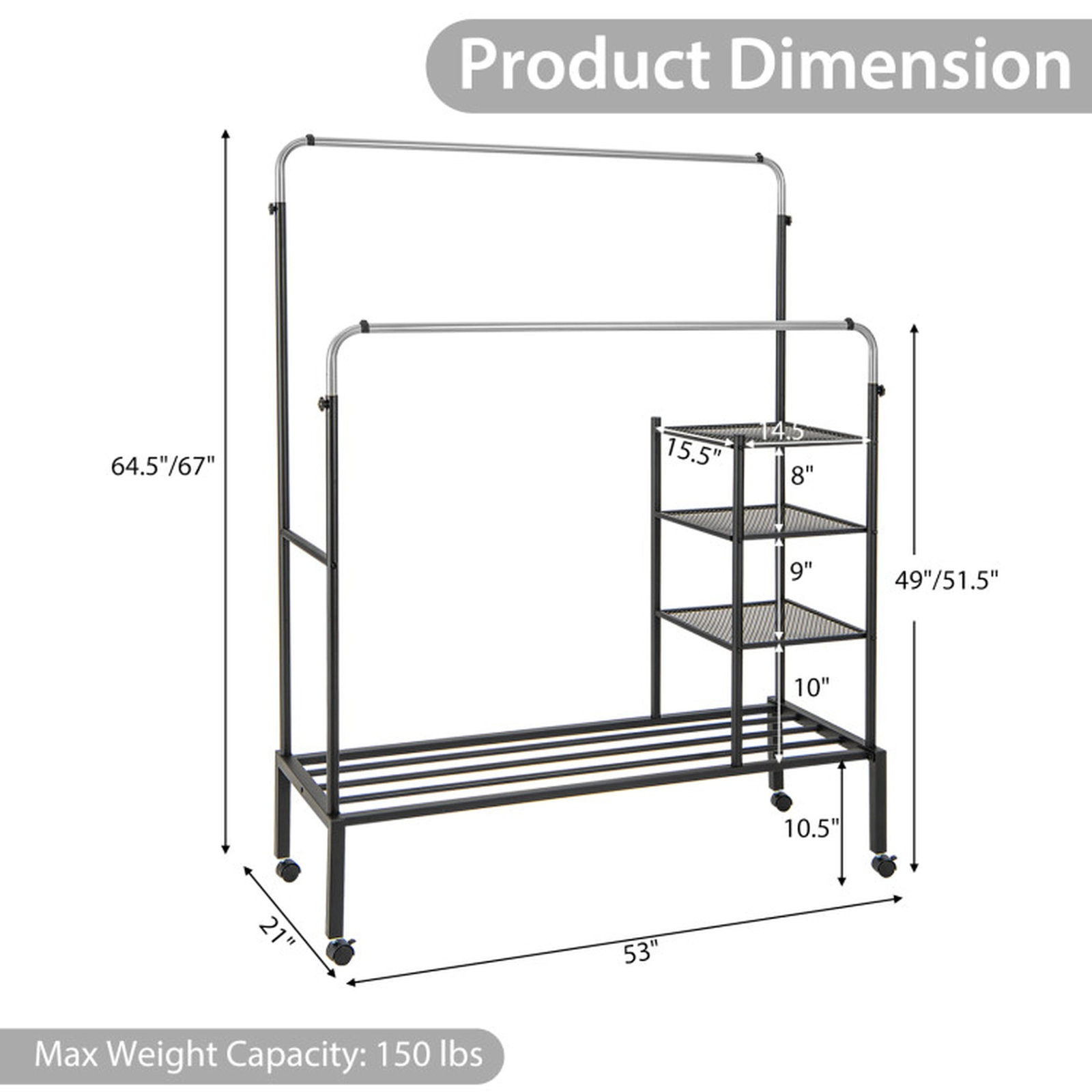 SUGIFT Rolling Double Rods Garment Rack with Height Adjustable Hanging Bars 150-lb Capacity Black + Silver