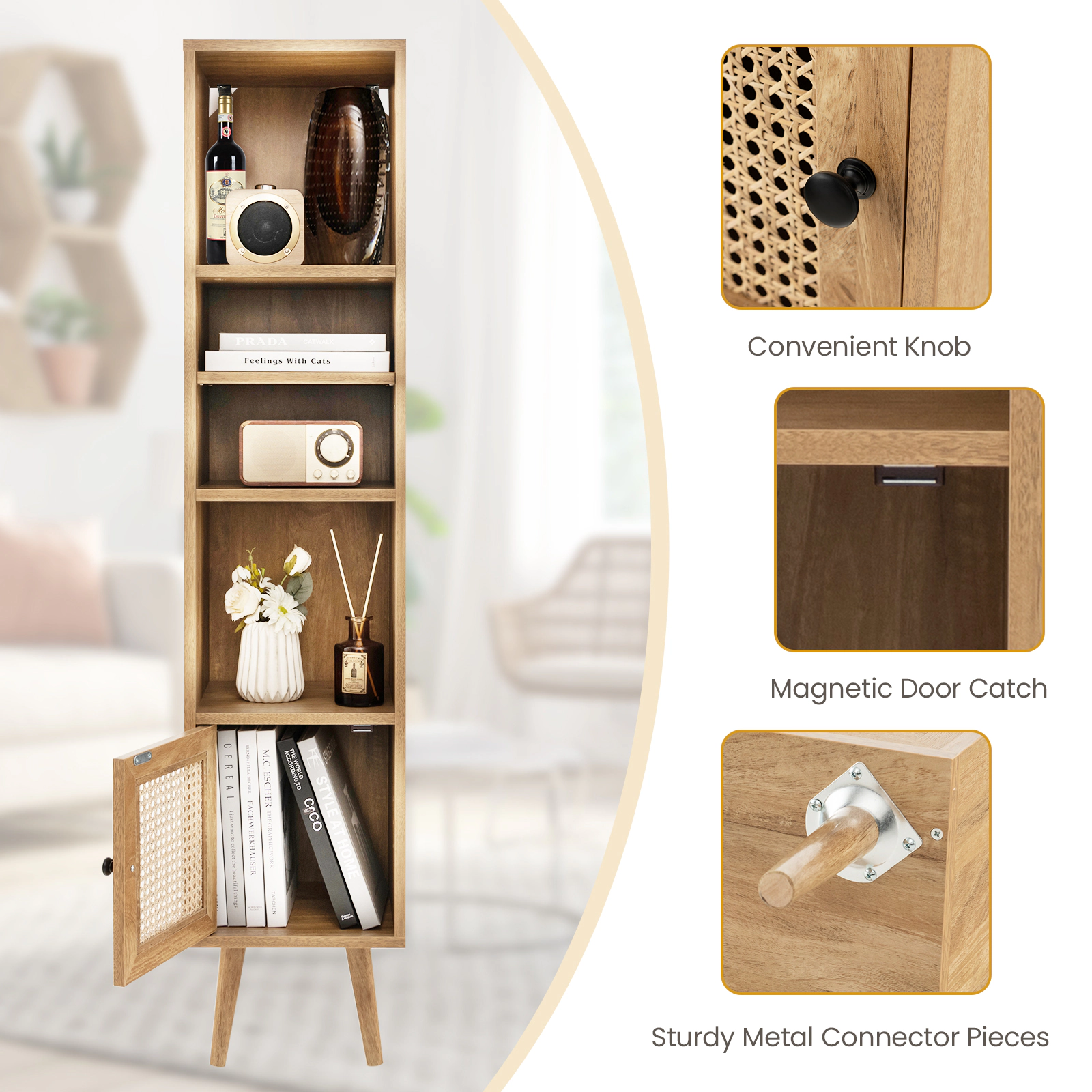 SUGIFT 4 Tier Rattan Storage Cabinet Natural Slim Design for Narrow Spaces