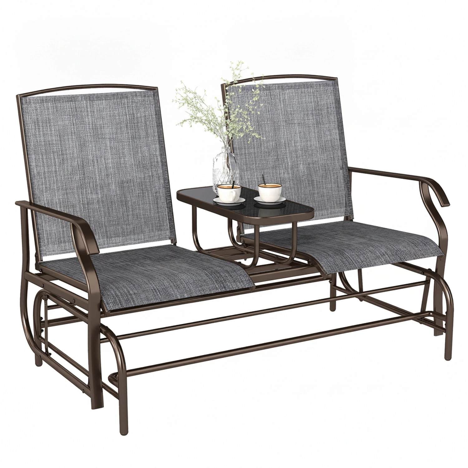 HONGGE Outdoor Glider Bench with Center Table, Metal Frame Patio Loveseat with Breathable Mesh