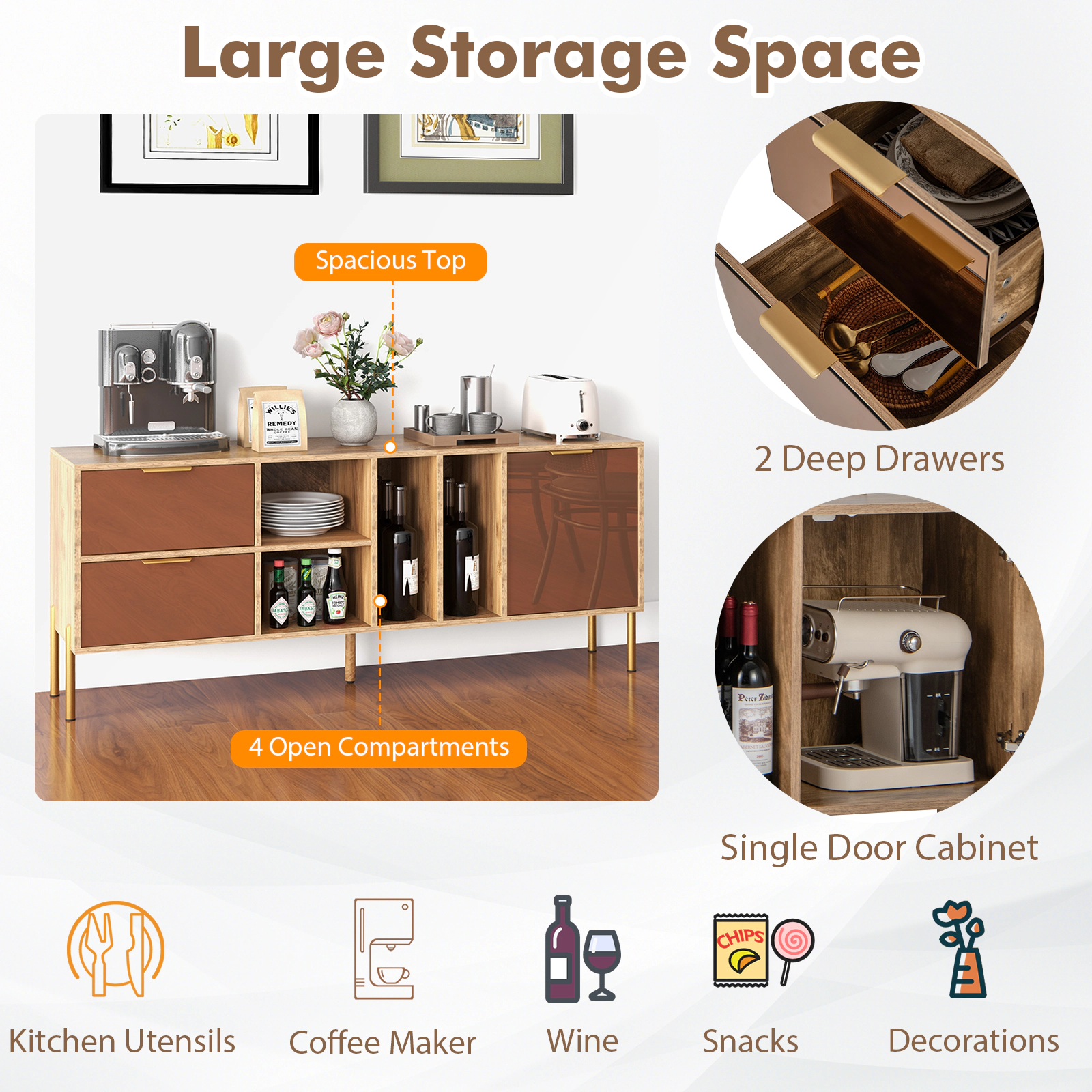 SUGIFT 59-in 180-lb Tabletop Natural Mirrored Buffet Cabinet with 2 Drawers 4 Open Compartments and 1 Door