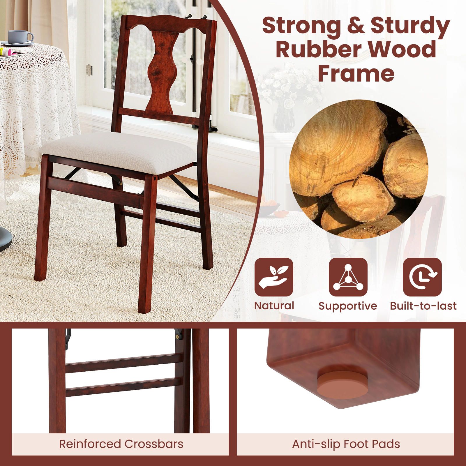 SUGIFT Set of 2 Upholstered Wood Folding Dining Chairs, 375 lb Capacity