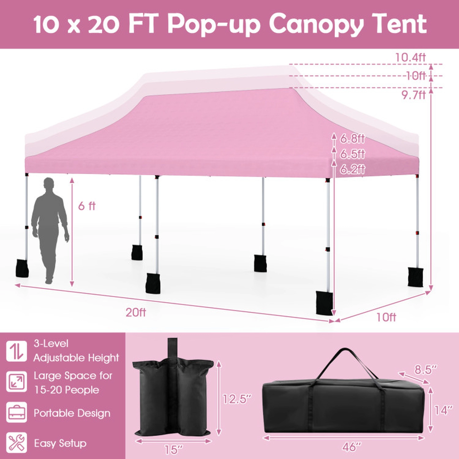 SUGIFT Pink Foldable Outdoor Pop Up Canopy Gazebo Tent with Carry Bag for 15-20 People 20-ft W 10-ft D 10.4-ft H
