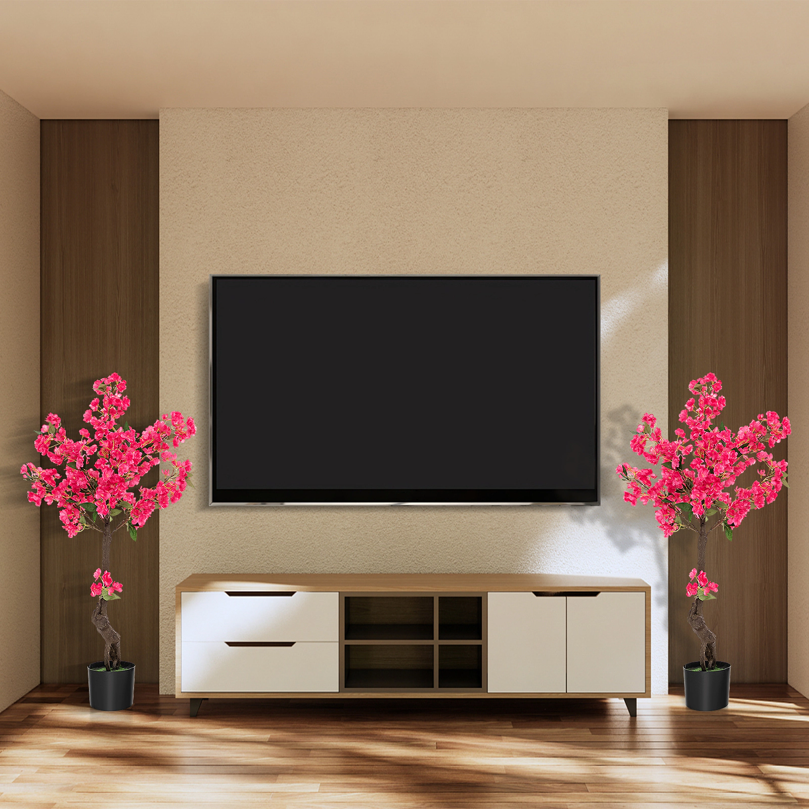 SlickBlue Set of 2 Artificial Plum Blossom Trees with 92 Flowers in Pots for Indoor and Outdoor