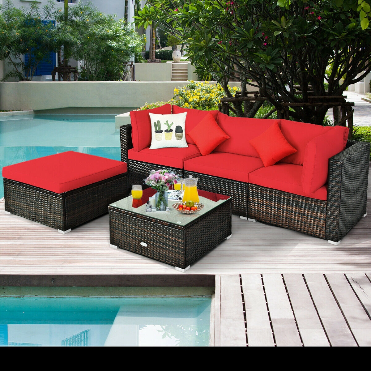 Hivvago 5 Pieces Outdoor Patio Rattan Furniture Set Sectional Conversation With Cushions