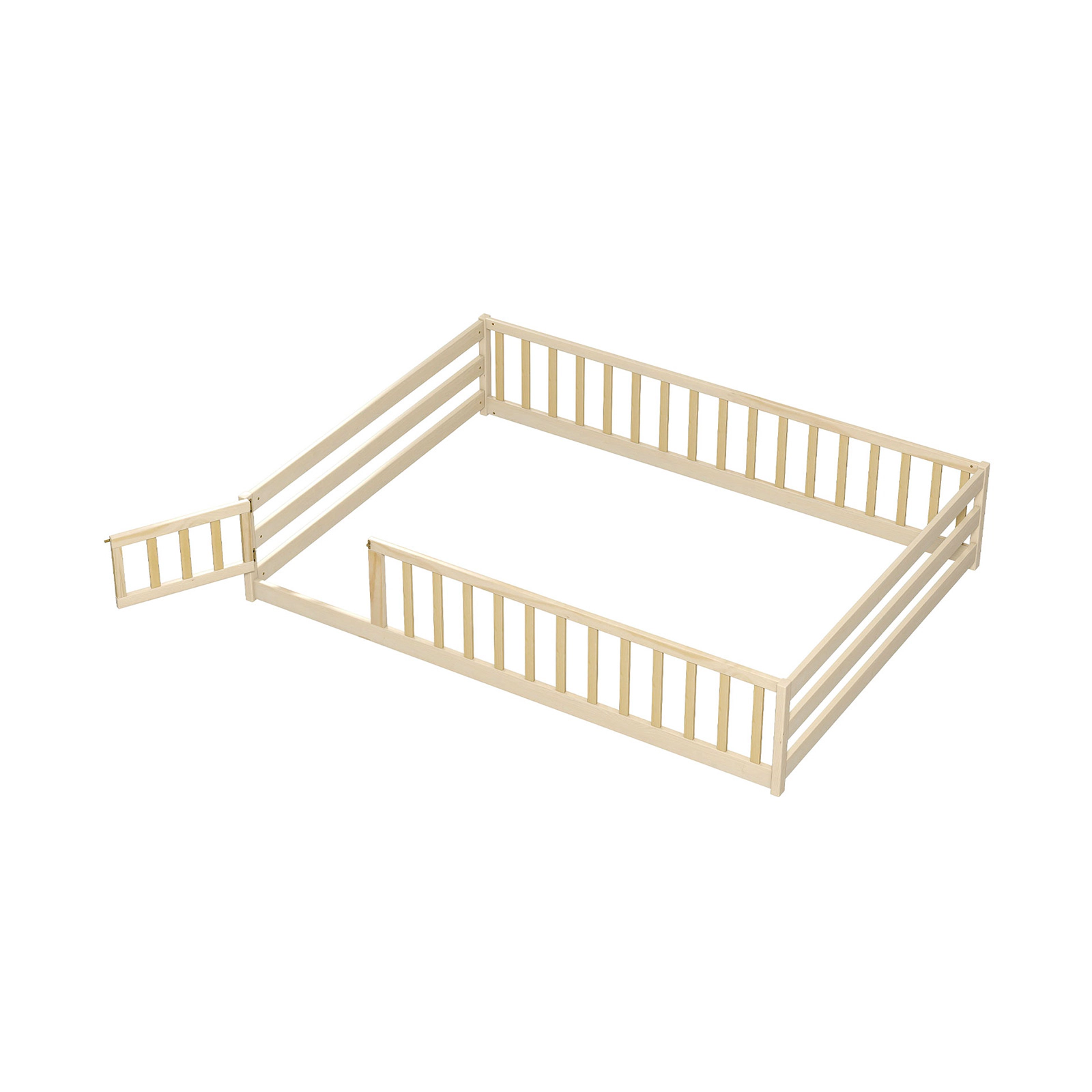SUGIFT Full Size Floor Montessori Toddler Bed with Full Length Safety Guardrails and Lockable Door 77-in Frame Natural