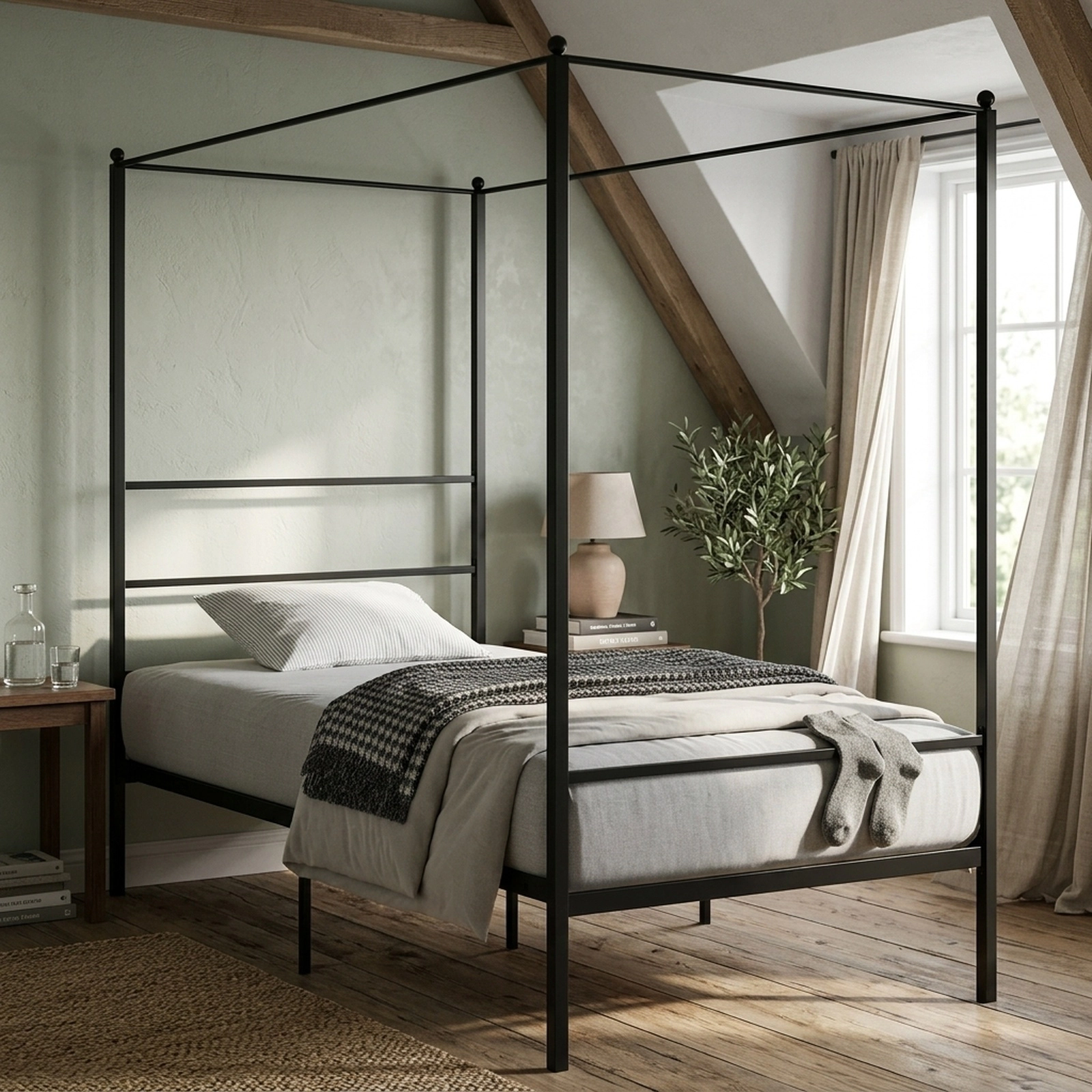 SUGIFT Twin Metal Canopy Bed Frame, Black, 4-Post Platform Bed