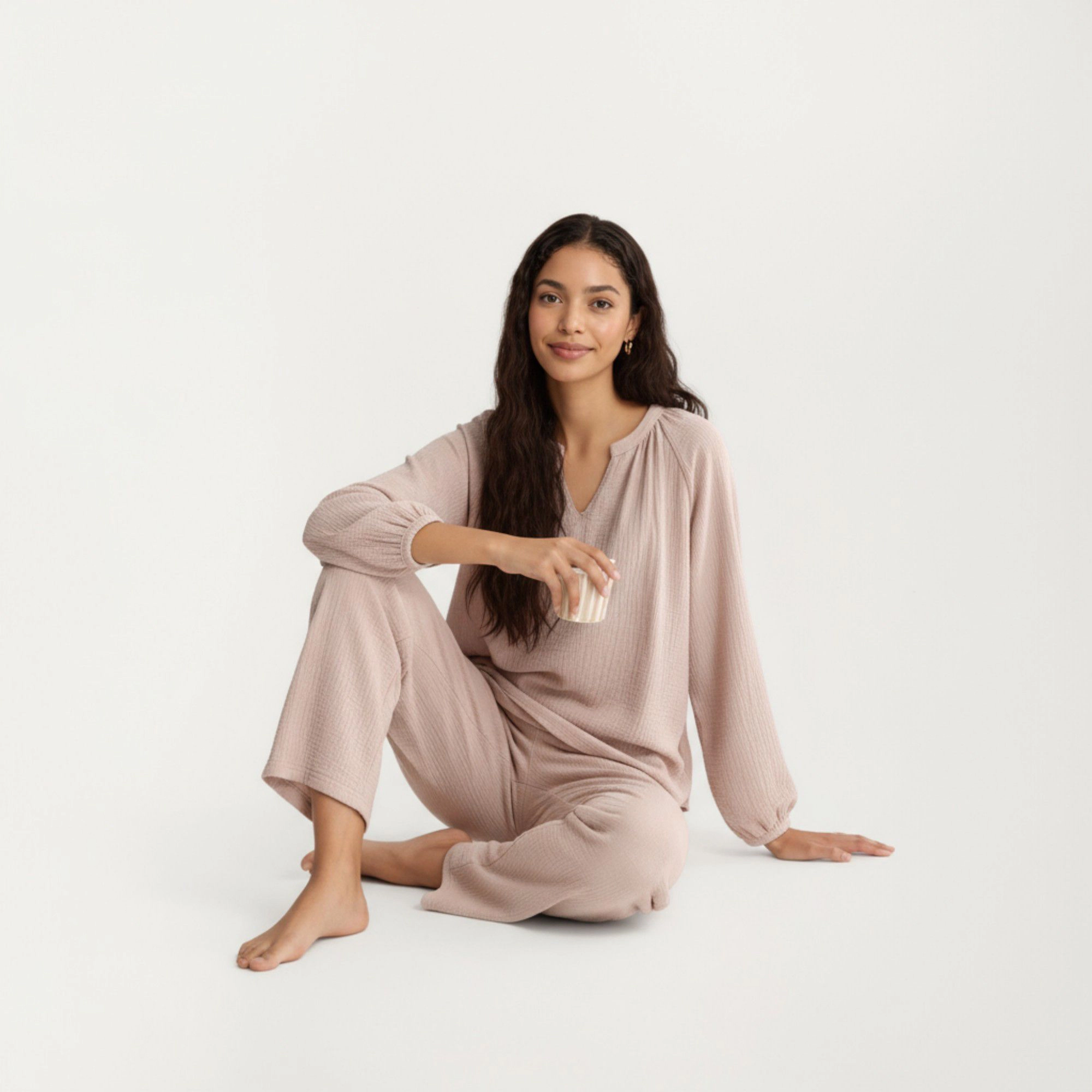 Anna-Kaci Women's 2-Piece Textured Long Sleeve V-Neck Top and Wide Leg Pants