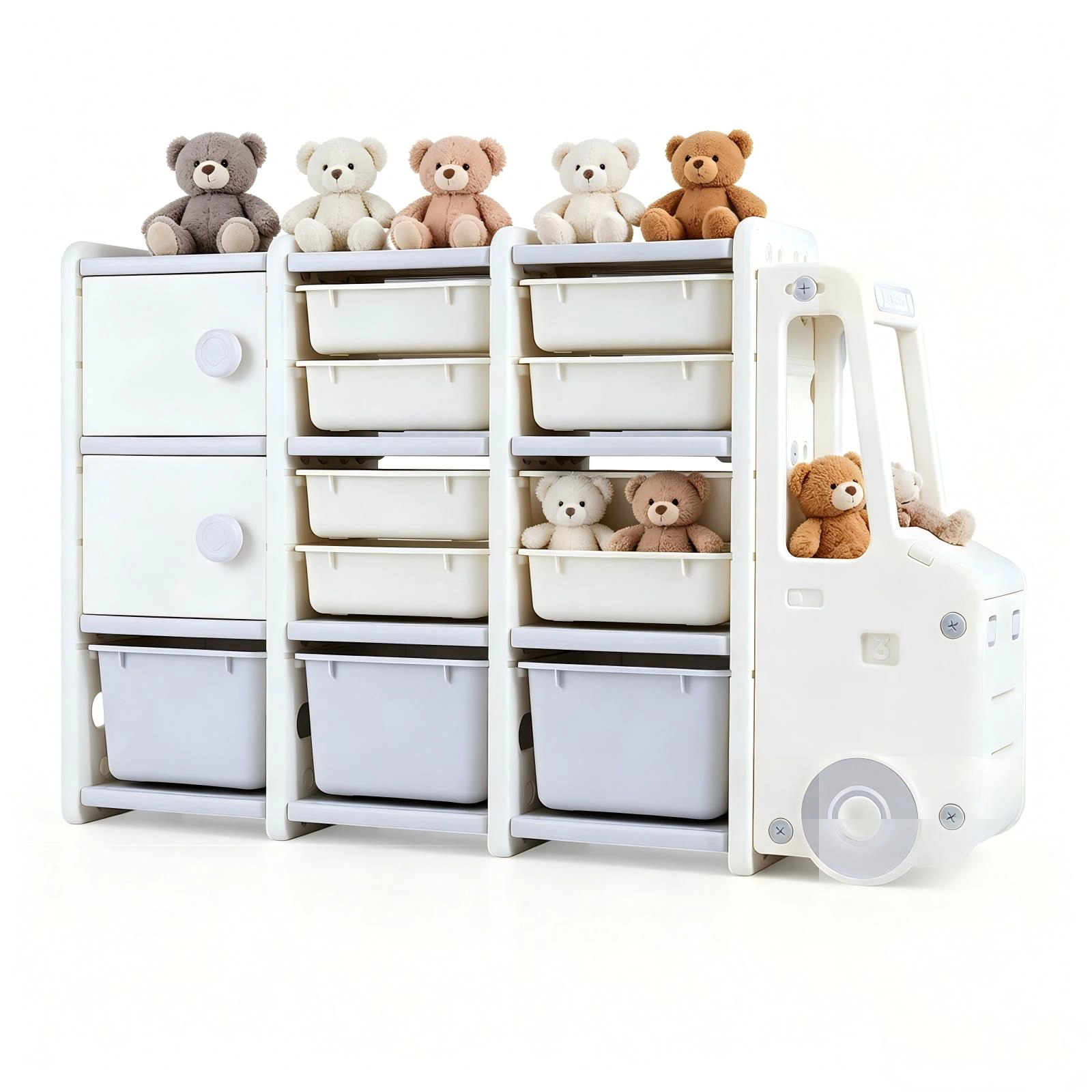 SUGIFT Truck-Shaped Kids Toy Storage Organizer with Toy Chest 55-lb Capacity Ages 3+ Off-White and Gray