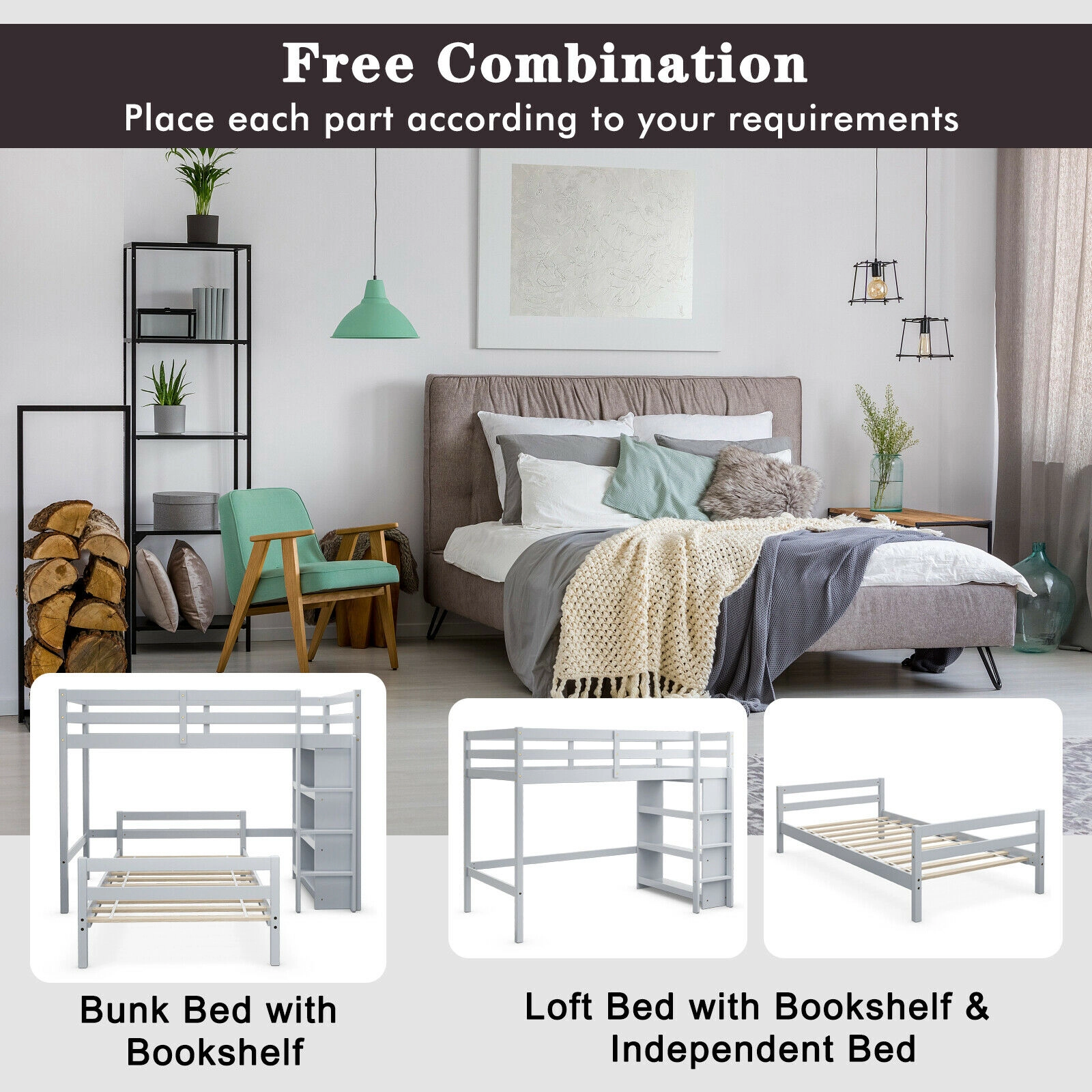 SUGIFT Twin-Over-Twin Loft Bunk Bed with 4-Tier Bookcase, Gray