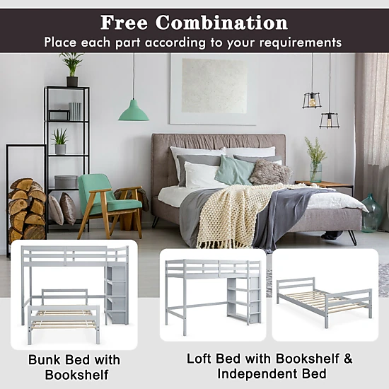 SUGIFT Twin-Over-Twin Loft Bunk Bed with 4-Tier Bookcase, Gray