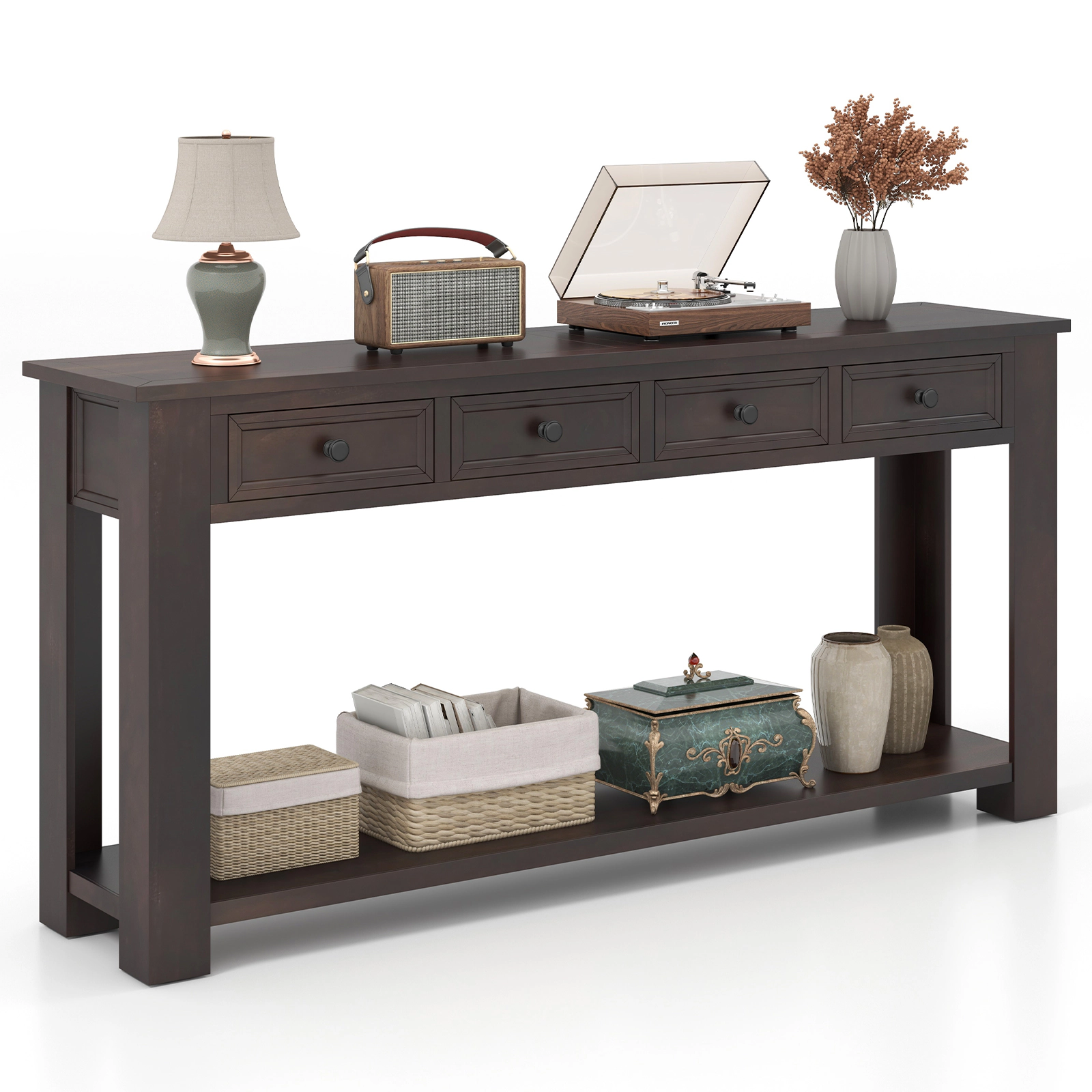 SUGIFT 63-in 220-lb Capacity Espresso Farmhouse Console Table with 4 Pre-Assembled Drawers and Open Shelf