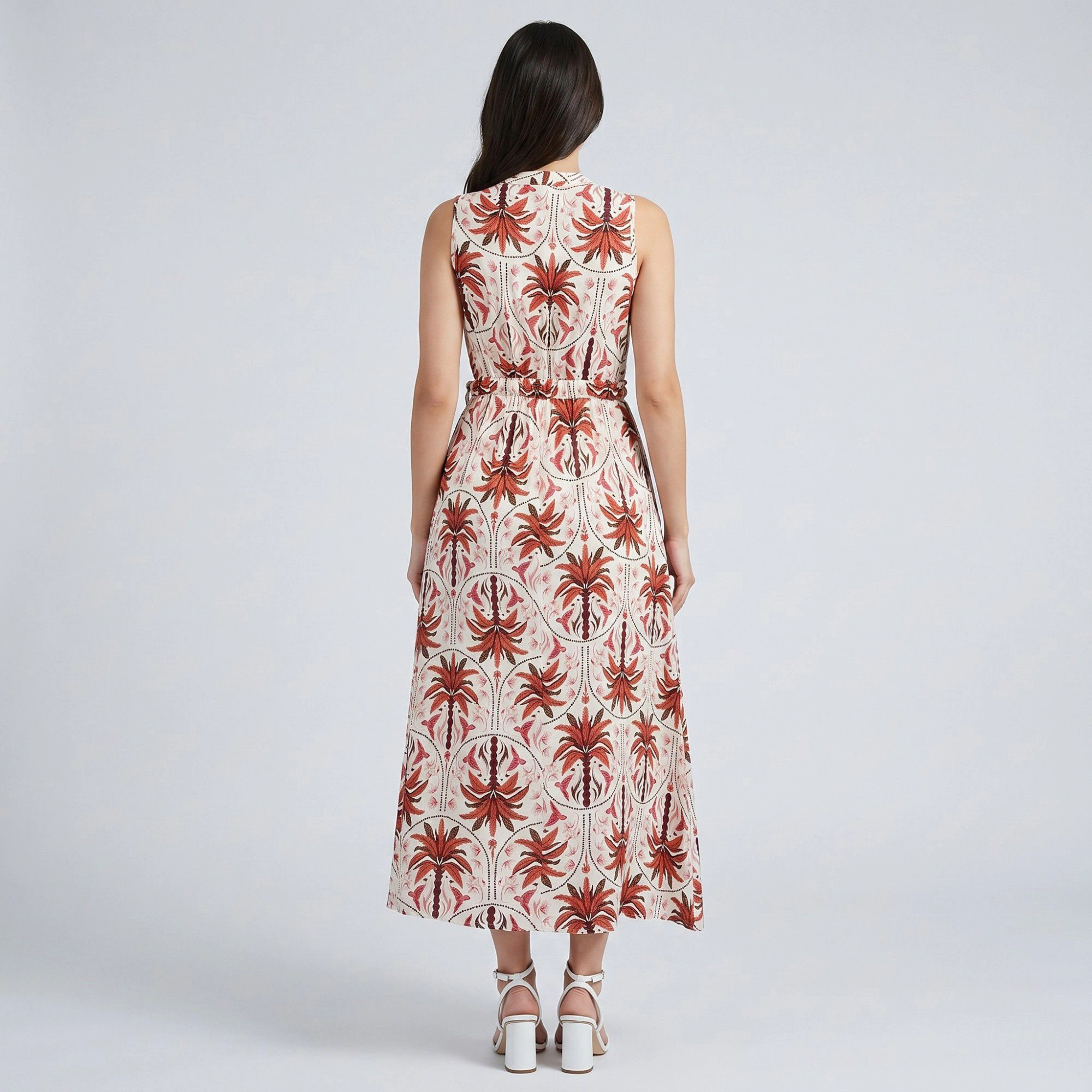 Anna-Kaci Women's Botanical Print Sleeveless V-Neck Tie Waist Side Pockets A-Line Maxi Dress