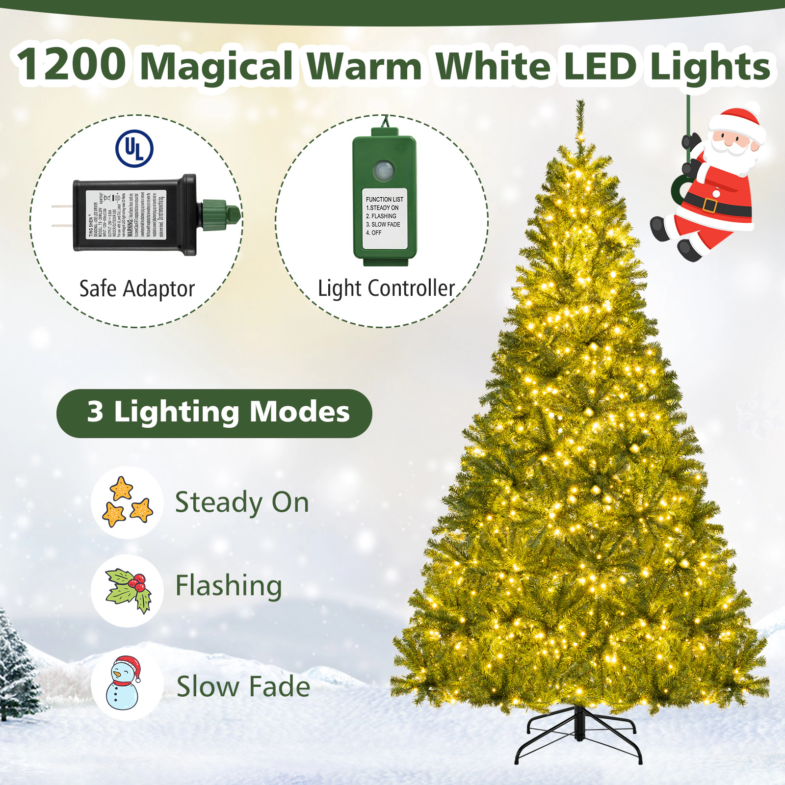 Costway 6/7/8 FT Pre-Lit Artificial Christmas Tree with 680/1098/1528 Branch Tips 700/1000/1200 Warm LED Lights 3 Lighti