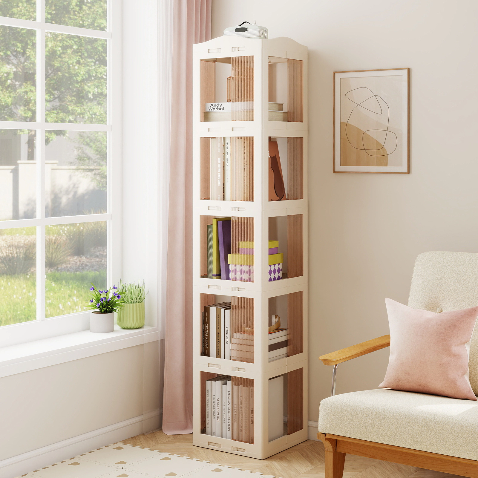 SUGIFT White 5-Tier Foldable Rotating Bookshelf 68.5 in with 360 Degree Swivel Base