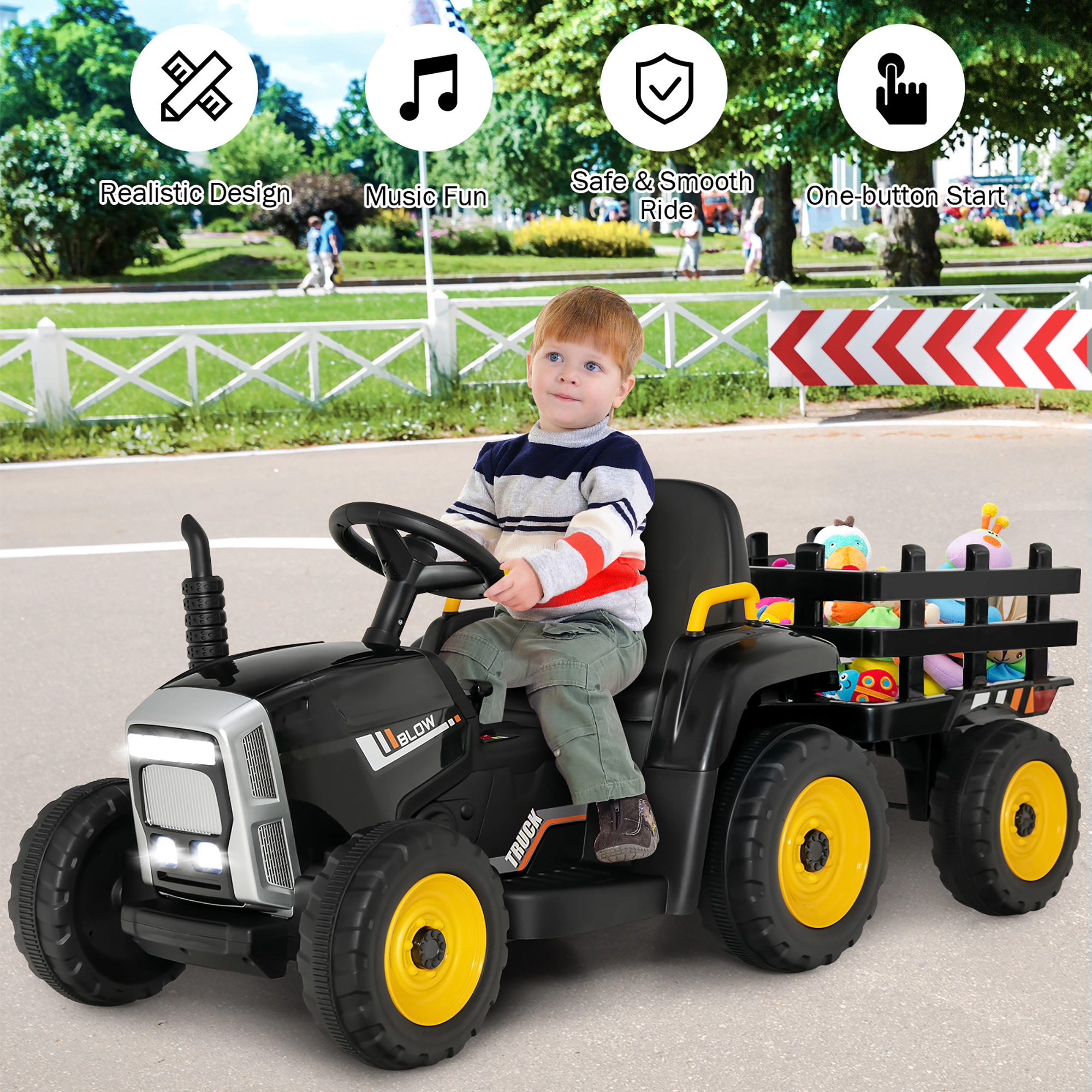 Costway 12V Kids Ride On Tractor with Trailer Ground Loader w/ RC & Lights