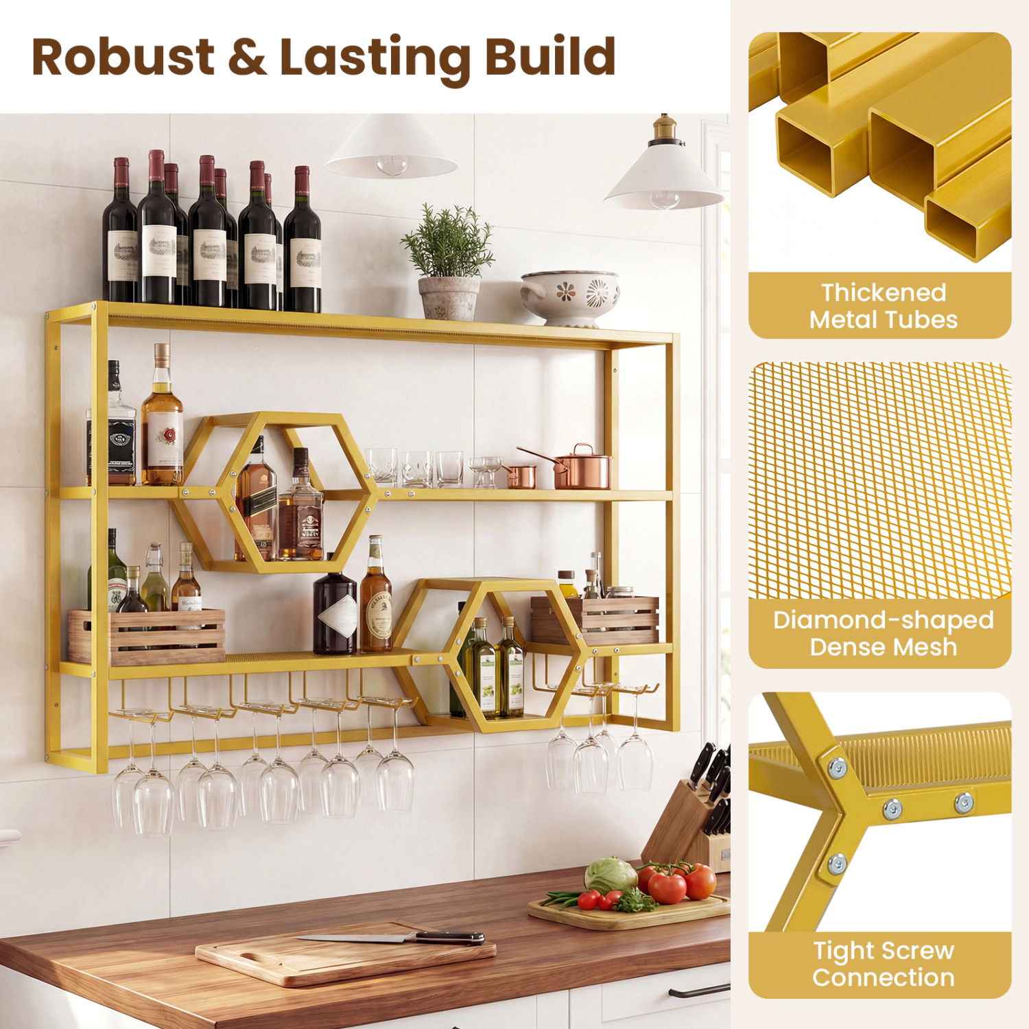 SUGIFT 47-in Wall Mounted Metal Wine Rack with 3 Shelves, Glass Holder and Honeycomb Cubbies 352-lb Capacity Black/Gold