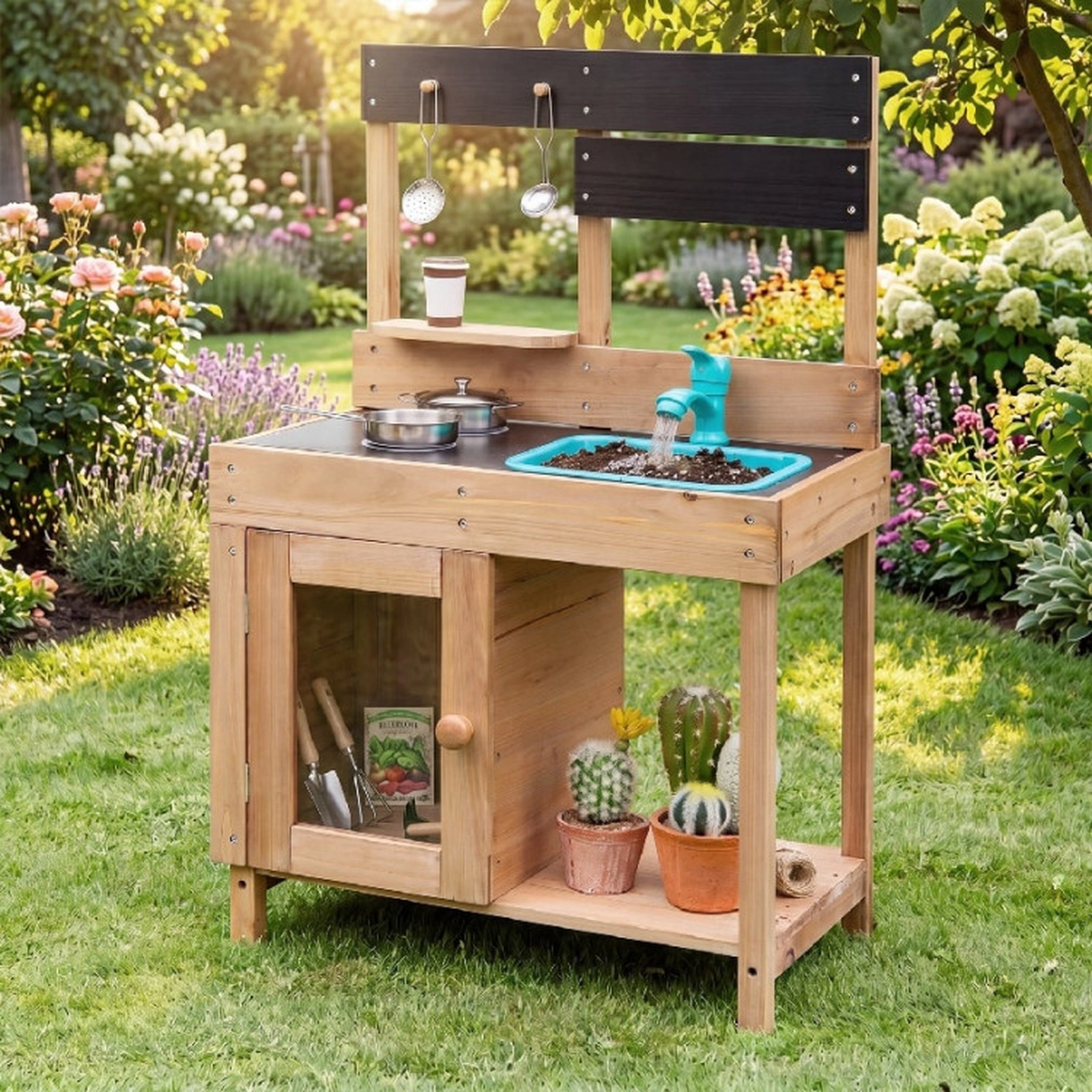 SUGIFT Natural Stove Top Storage Cabinet and Water Circulation Kids Wooden Pretend Play Kitchen