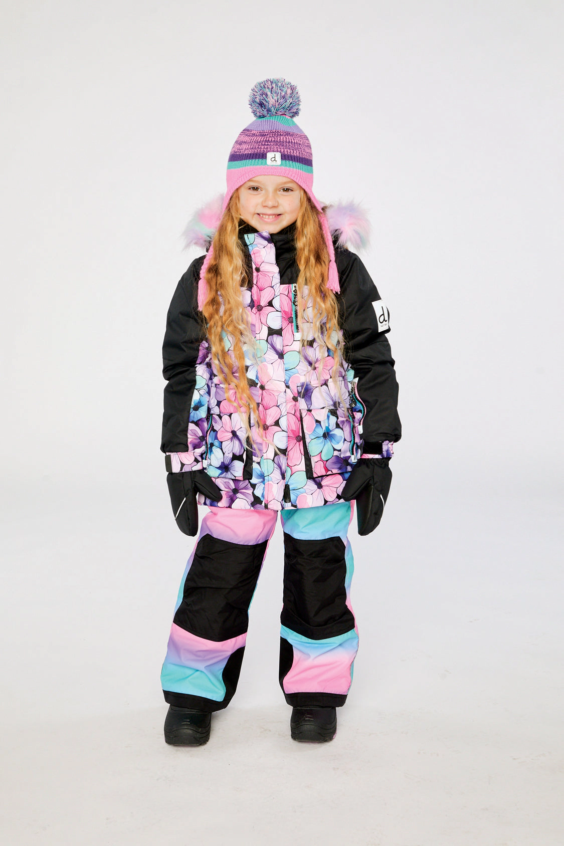 Deux par Girls Floral Print Two Piece Play Snowsuit with Hooded Jacket and Gradient Snow Pants