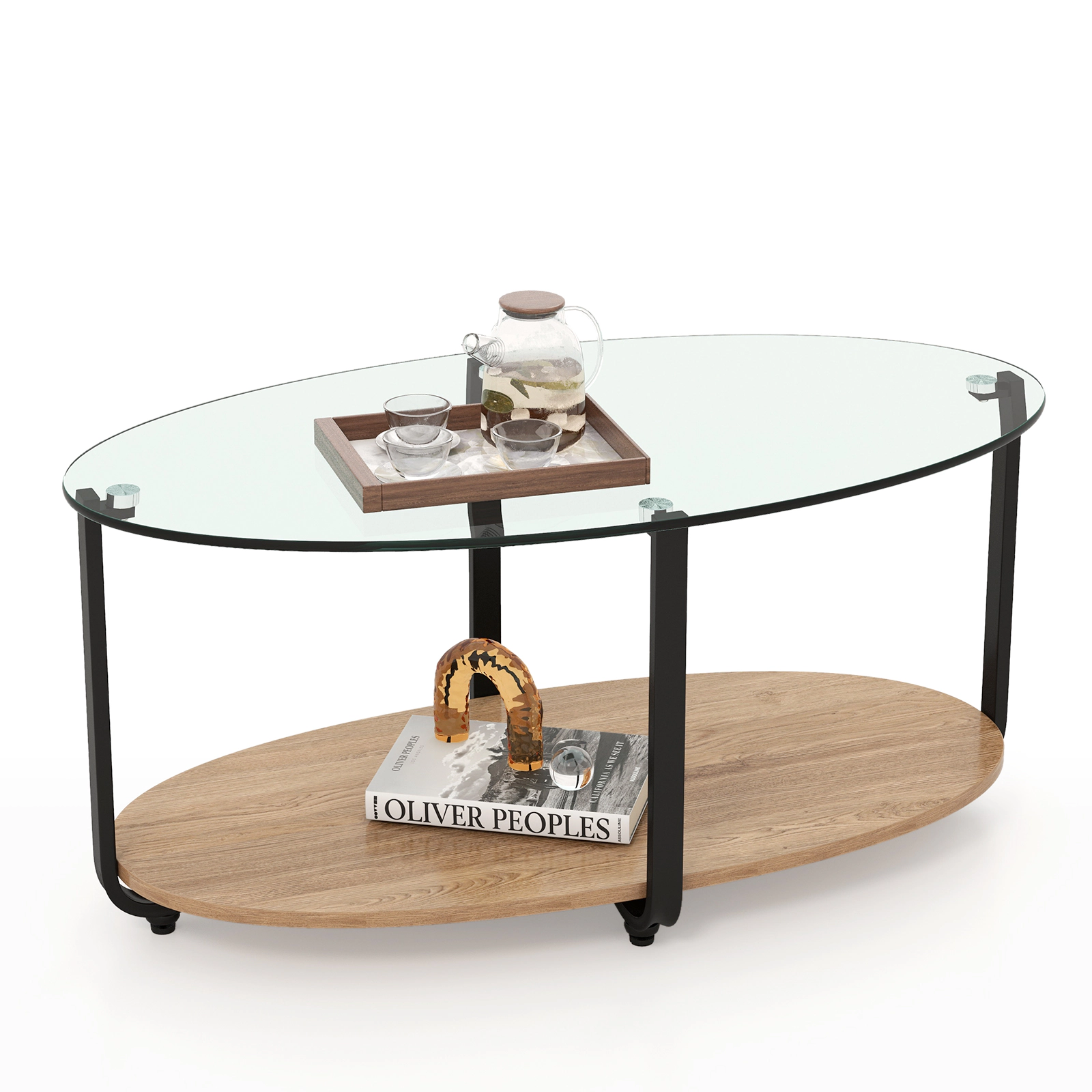 Glintex 2-Tier 37-Inch Oval Coffee Table with Glass Top and Wooden Shelf, Brown