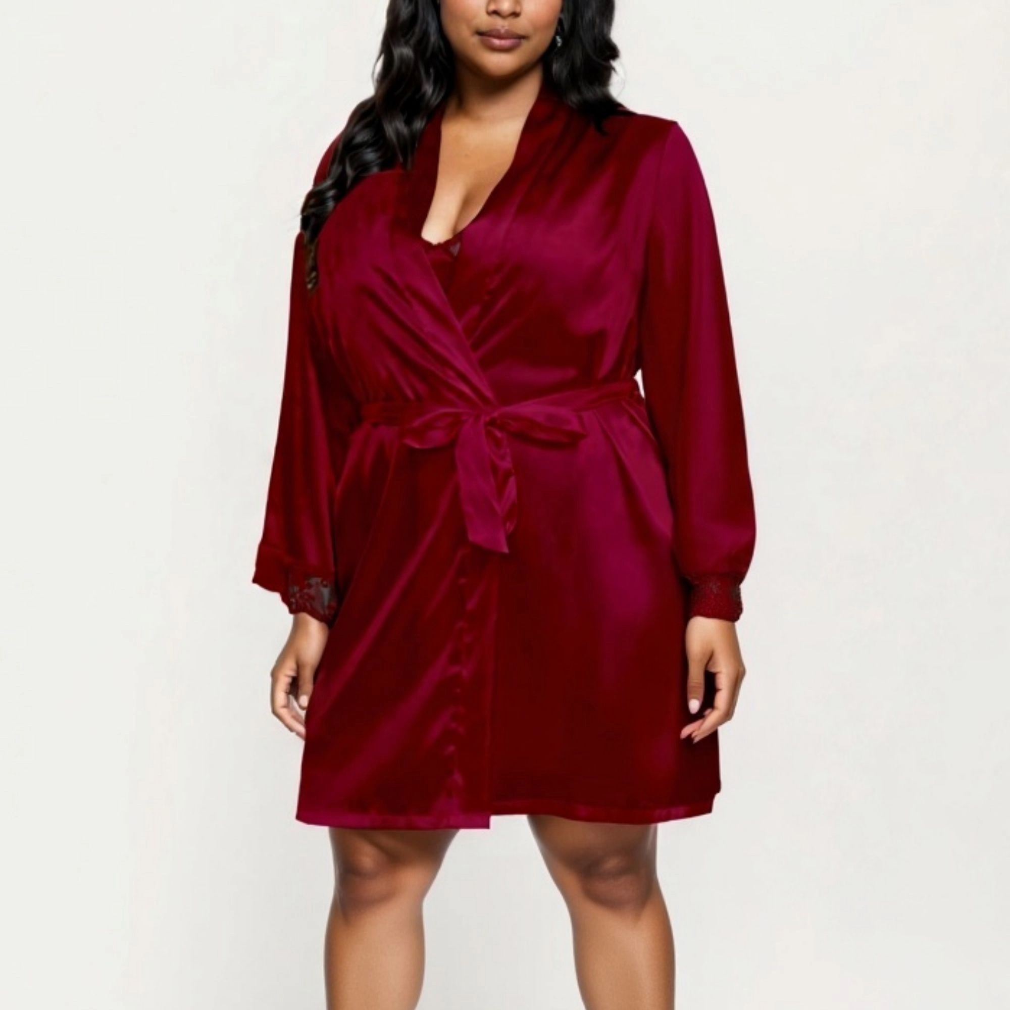 Anna-Kaci Women's Plus Size Satin Robe and Slip Set with Soft Lace Trim on Sleeves and Delicate Sheen