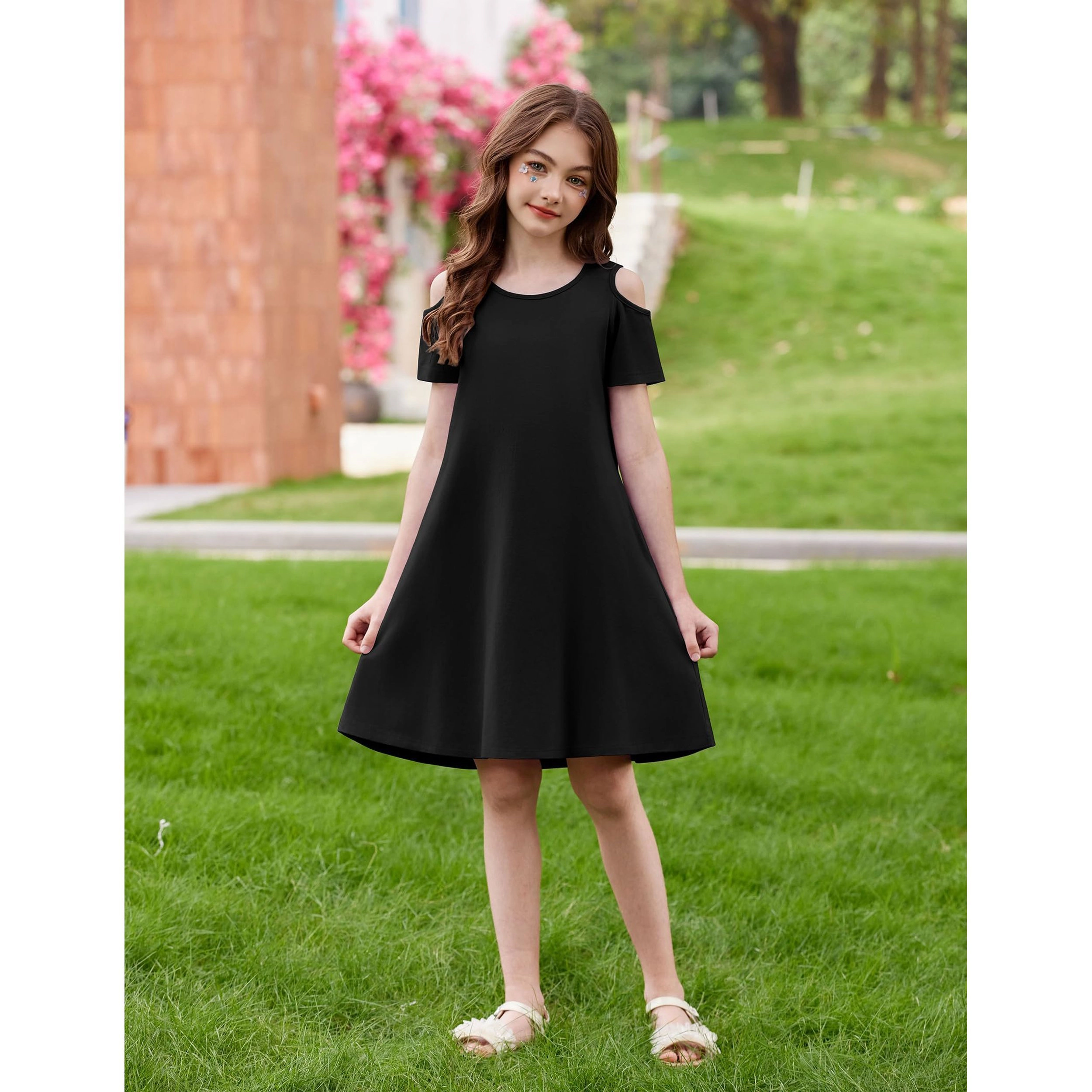 Arshiner Girls Summer Dress Short Sleeve Cold Shoulder Swing Casual Dresses With Pockets