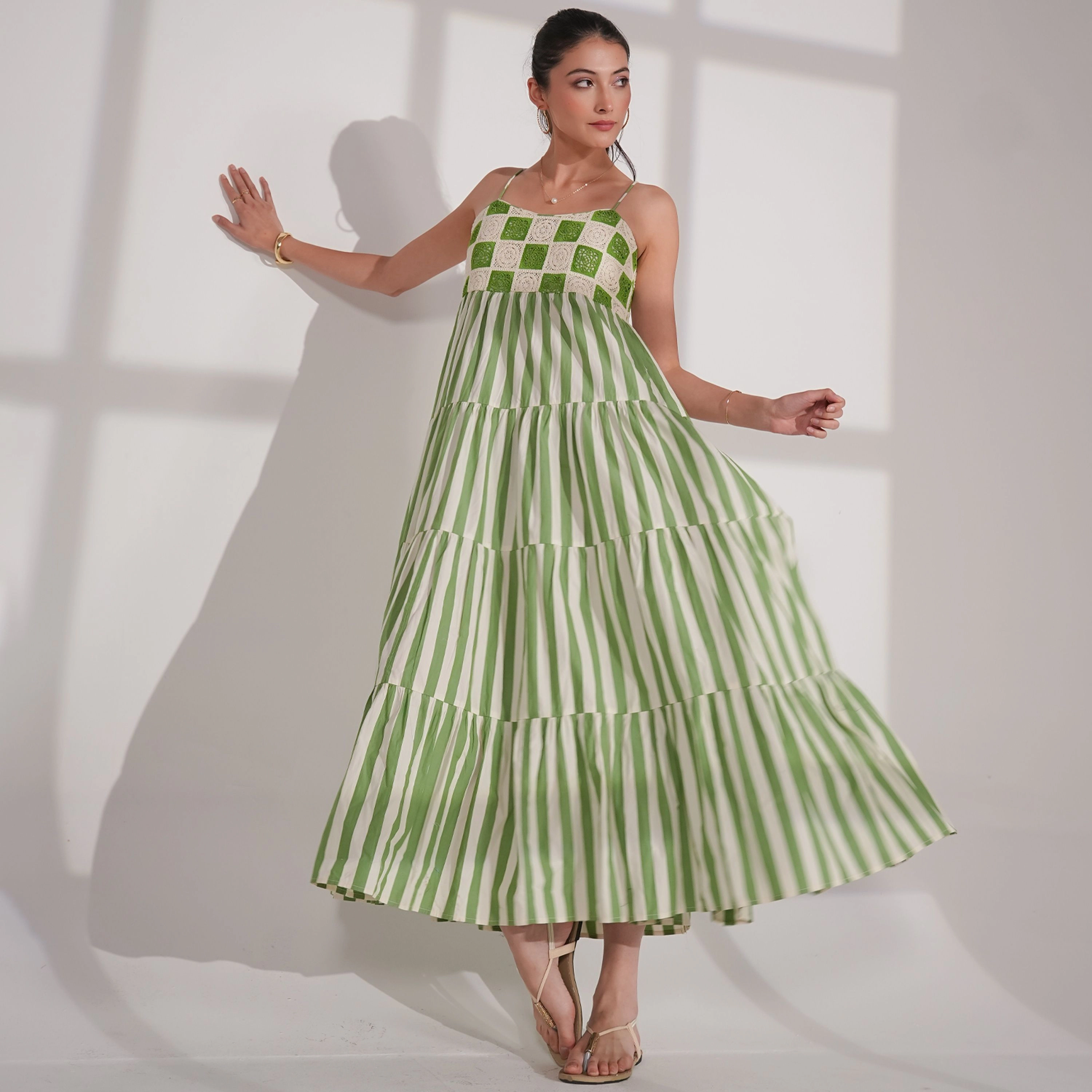 Rose & Nancy Women's Helena Green Cotton Crochet Stripe Maxi Sun Dress