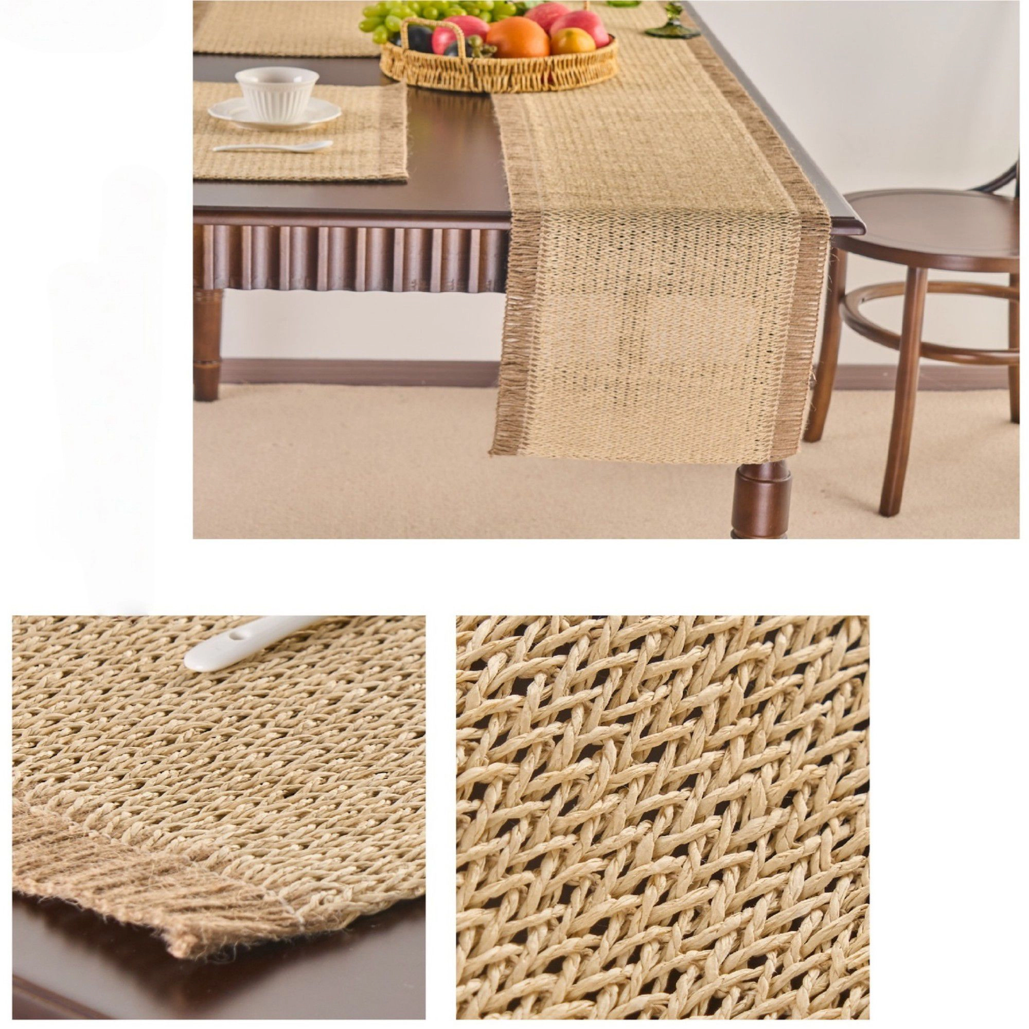Alilang Women Textured Woven Table Runner with Fringe Trim and Neutral Stripe Pattern 47x11.8