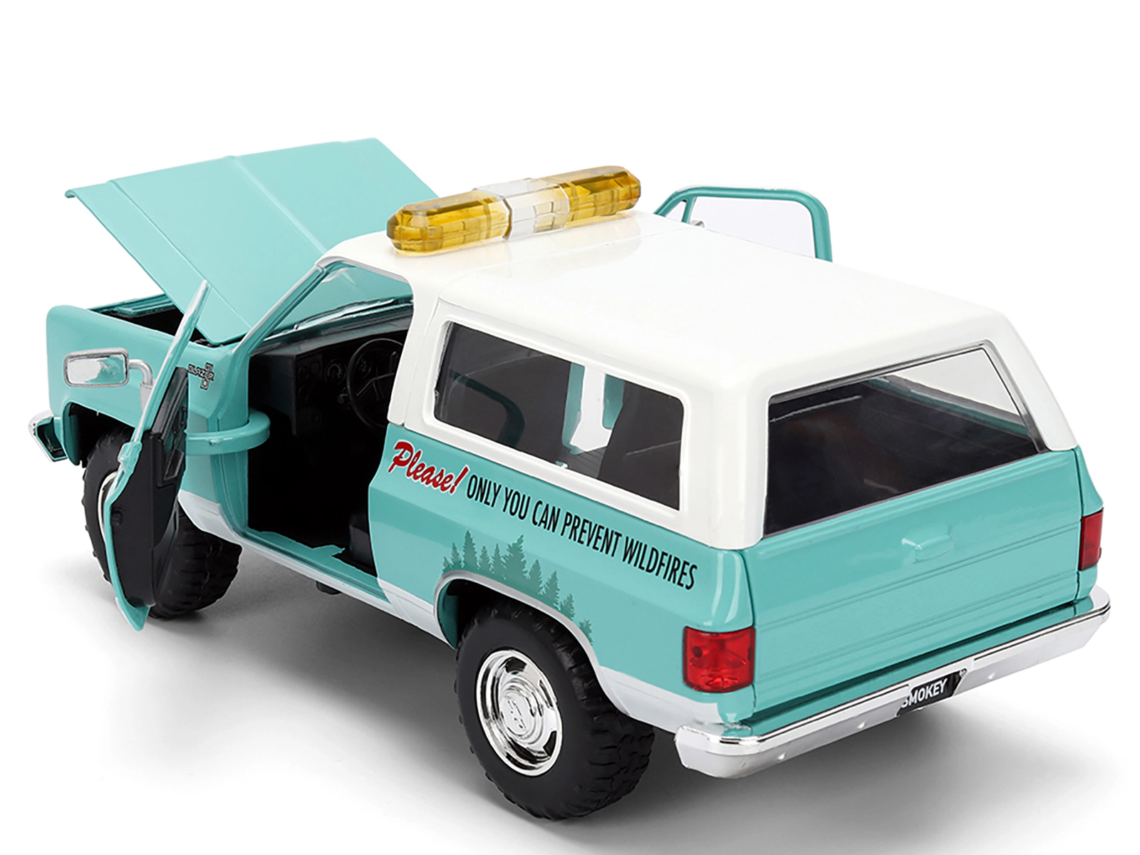 Jada 1980 Chevrolet Blazer Light Green with White Top and Graphics and Smokey Bear Diecast Figure "Smokey
