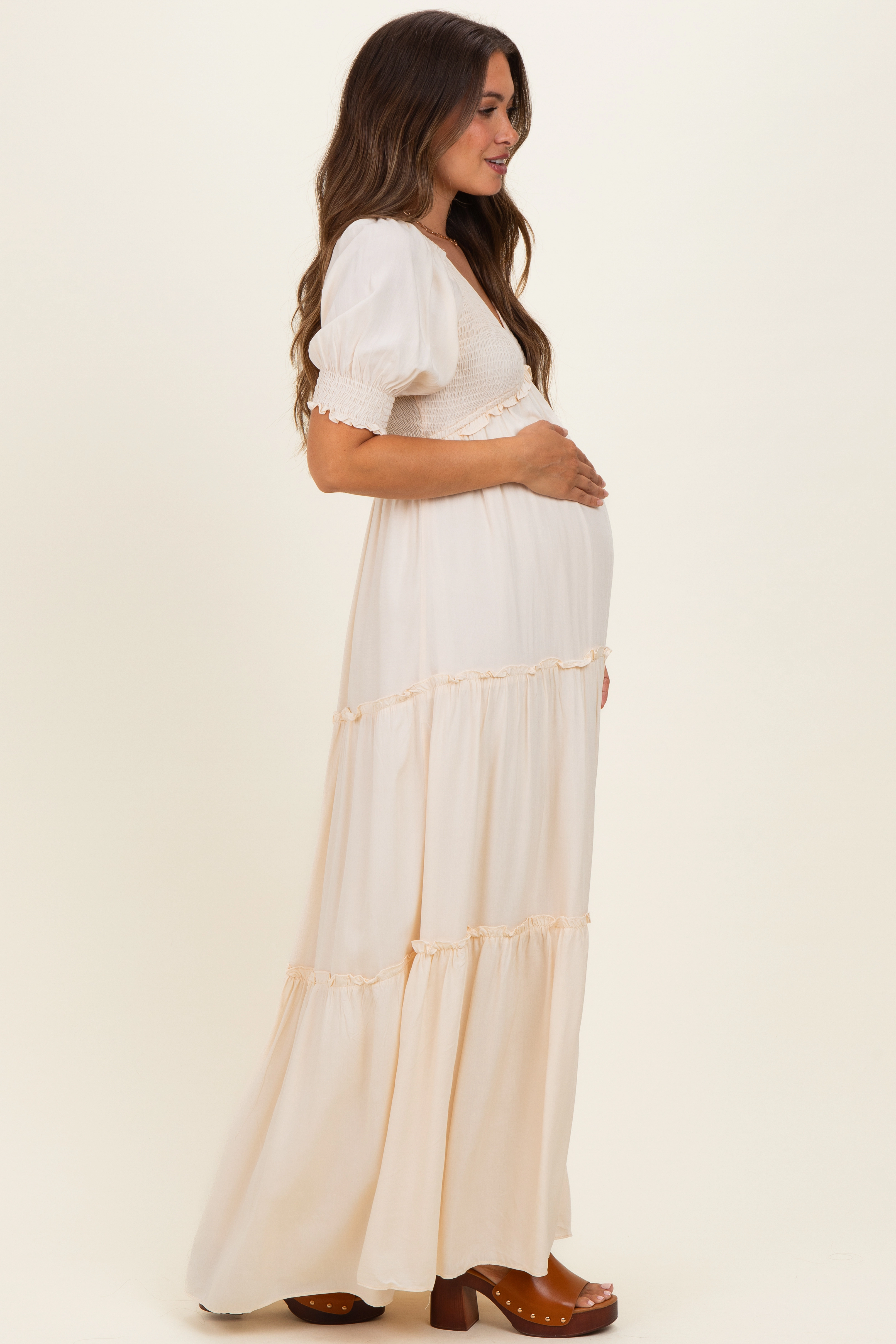 PinkBlush Womens Cream V-Neck Smocked Tiered Maternity Maxi Dresses