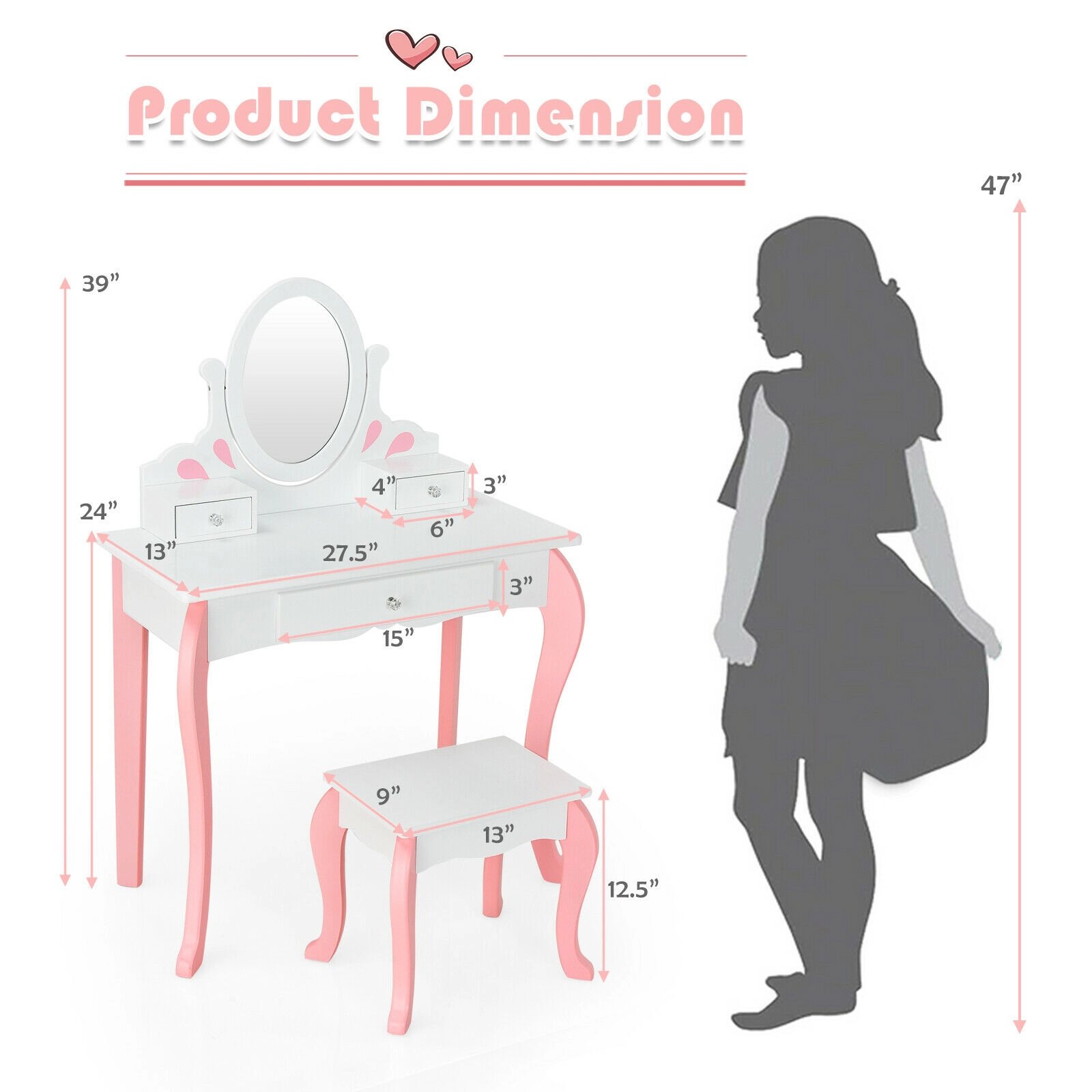 SUGIFT Kids Vanity Table and Stool Set White with 360 Degree Rotatable Detachable Mirror