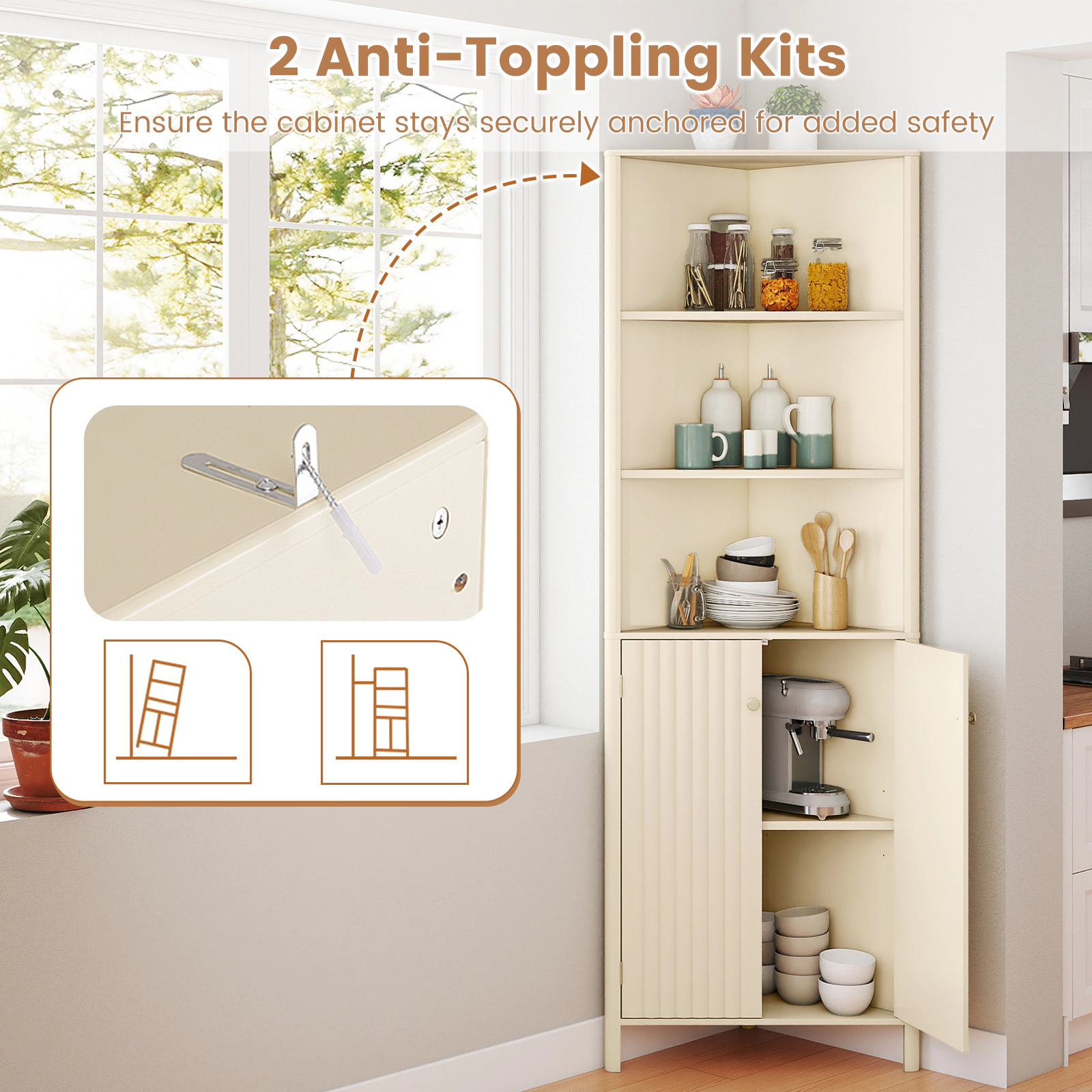 Glintex 68-Inch Corner Cabinet with 5 Shelves and Waveform Fluted Doors, Beige