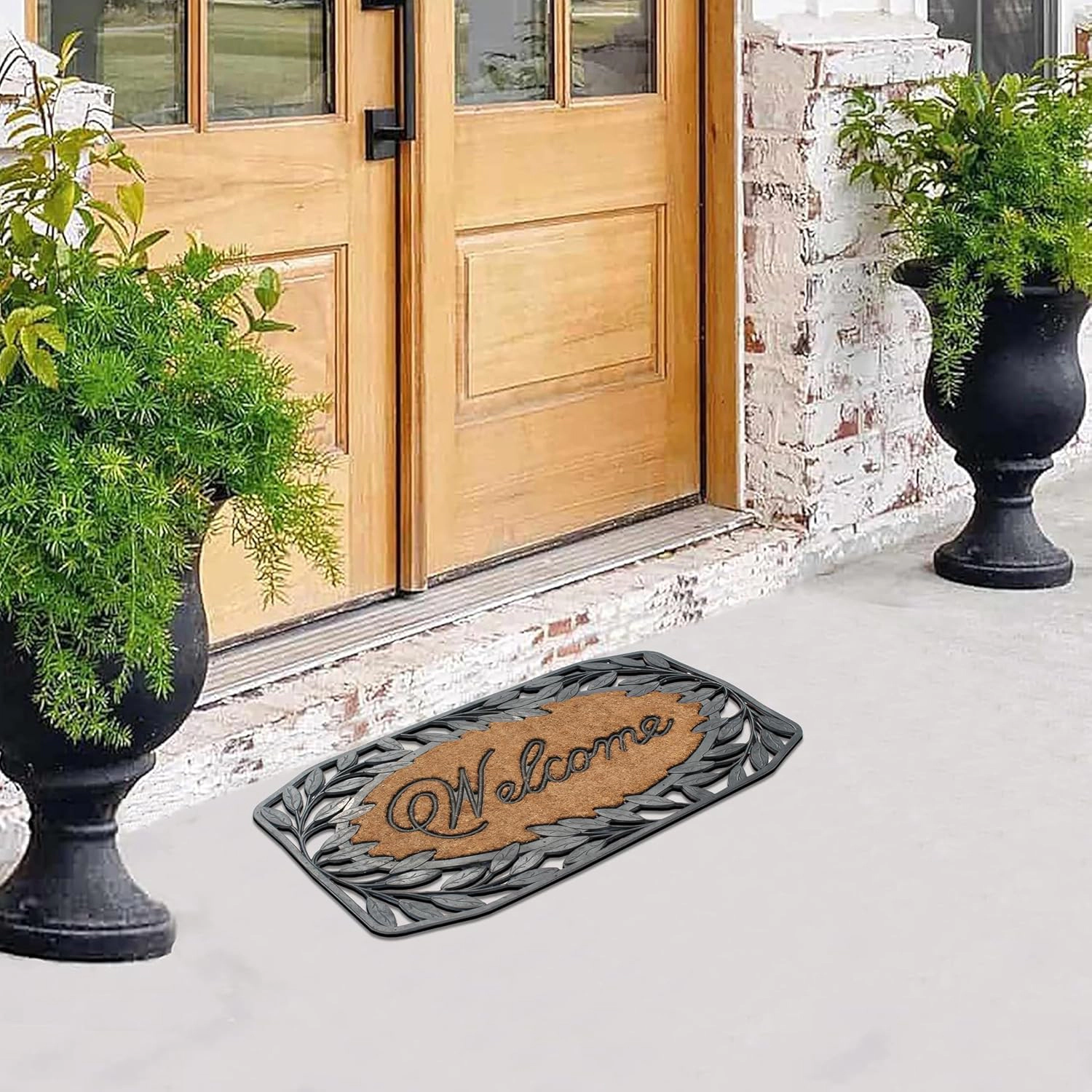 A1 Home Collections Oval Coir and Rubber Door Mat 38x23 Inches Anti-Shed Heavy Duty Non-Slip Leaf Border Welcome Black