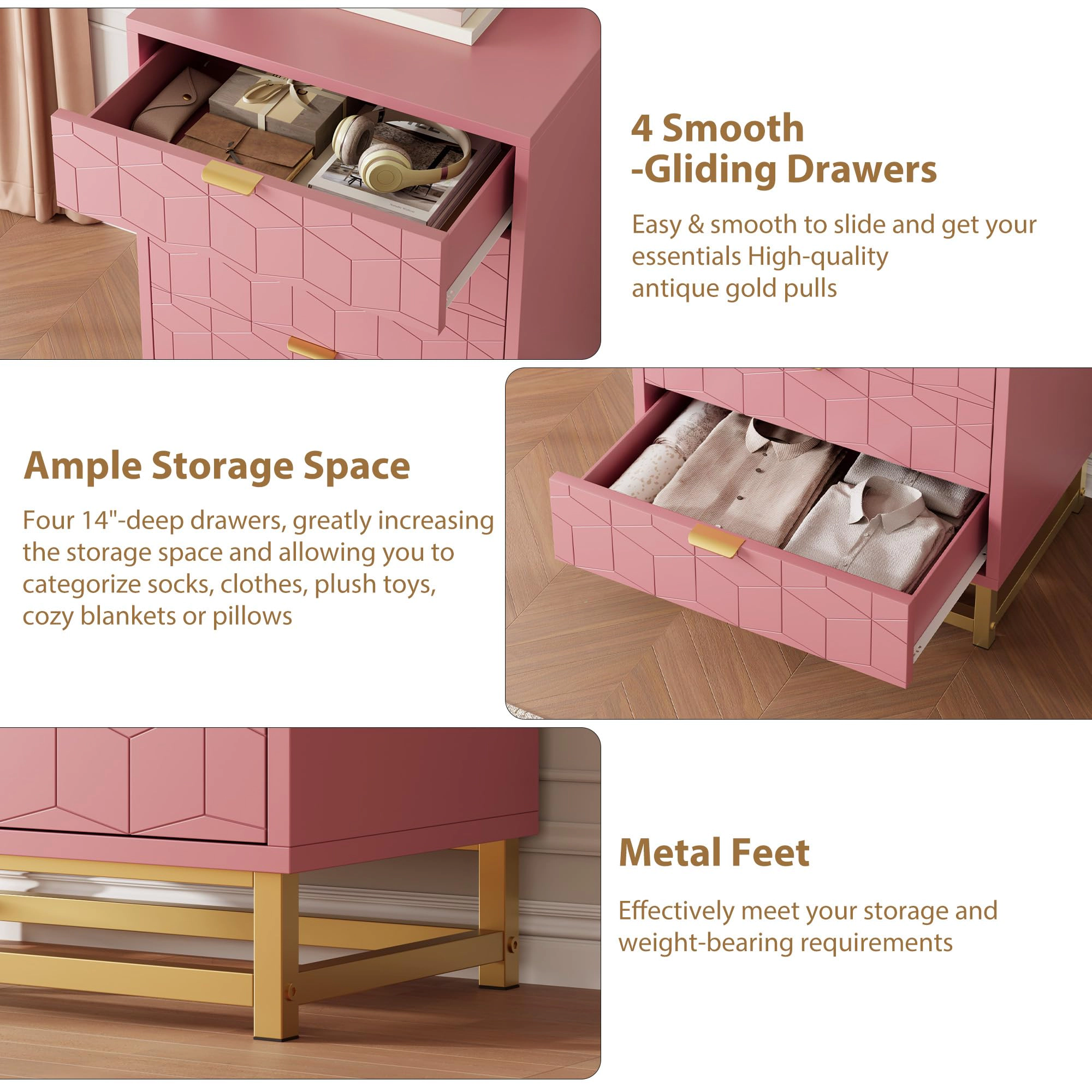 Modern 4 Drawer Dresser with Gold Metal Handles, Storage Cabinet for Bedroom Living Room Hallway