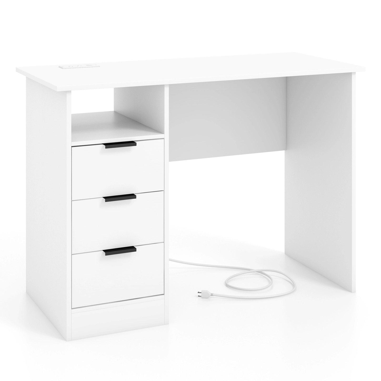SUGIFT White and Gold Home Office Desk, 3 Drawers, Open Compartment, Charging Station